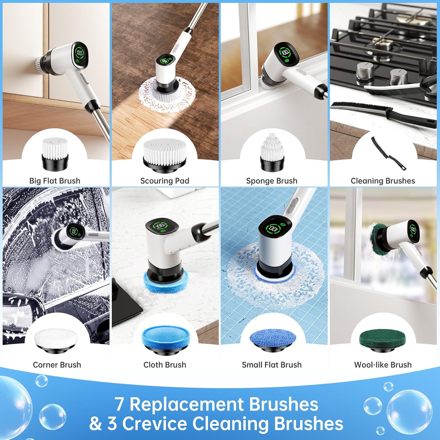 Electric Spin Scrubber, IPX7 Waterproof Cordless Power Shower Scrubber with Extension Handle, 7 Replaceable Brush Head&3 Bristle Crevice Brushes, 2 Speeds Power Scrubber for Bathroom, Kitchen Cleaning - Image 6