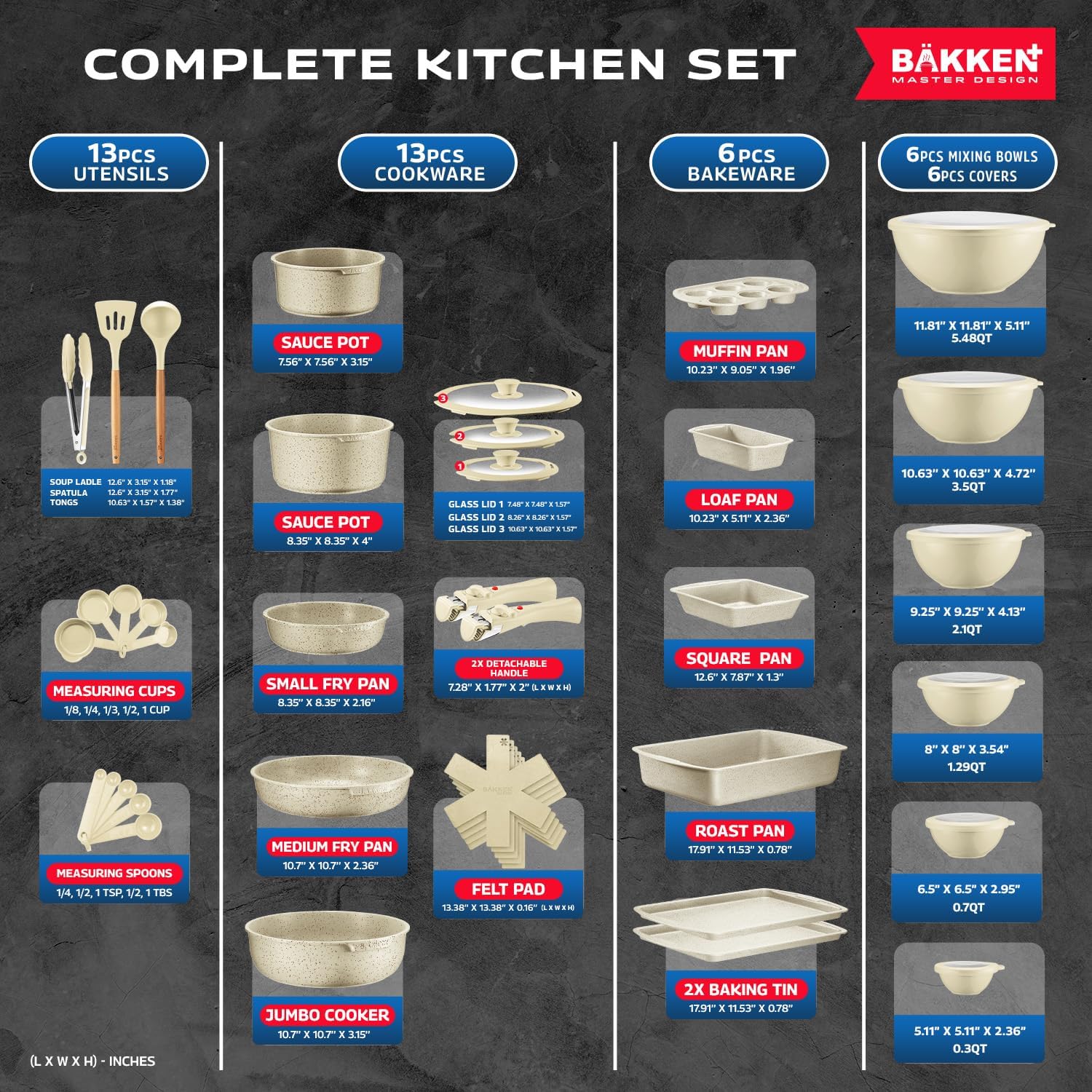 Bakken Master 38 Piece Granite Cookware and Bakeware Set – Nonstick Granite Coating, Pots and Pans with Detachable Handles and Tempered Glass Lids, 6-piece Bakeware set, 12-piece Mixing Bowls, White - Image 3