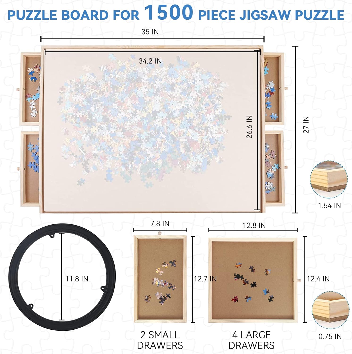 WOOD CITY Puzzle Board, 1500 Piece Wooden Jigsaw Puzzle Board with Drawers, 35” x 27” Portable Puzzle Table with Covers and Lazy Susan, Rotating Jigsaw Puzzle Table for Kids and Adults (1500PCS) - Image 4