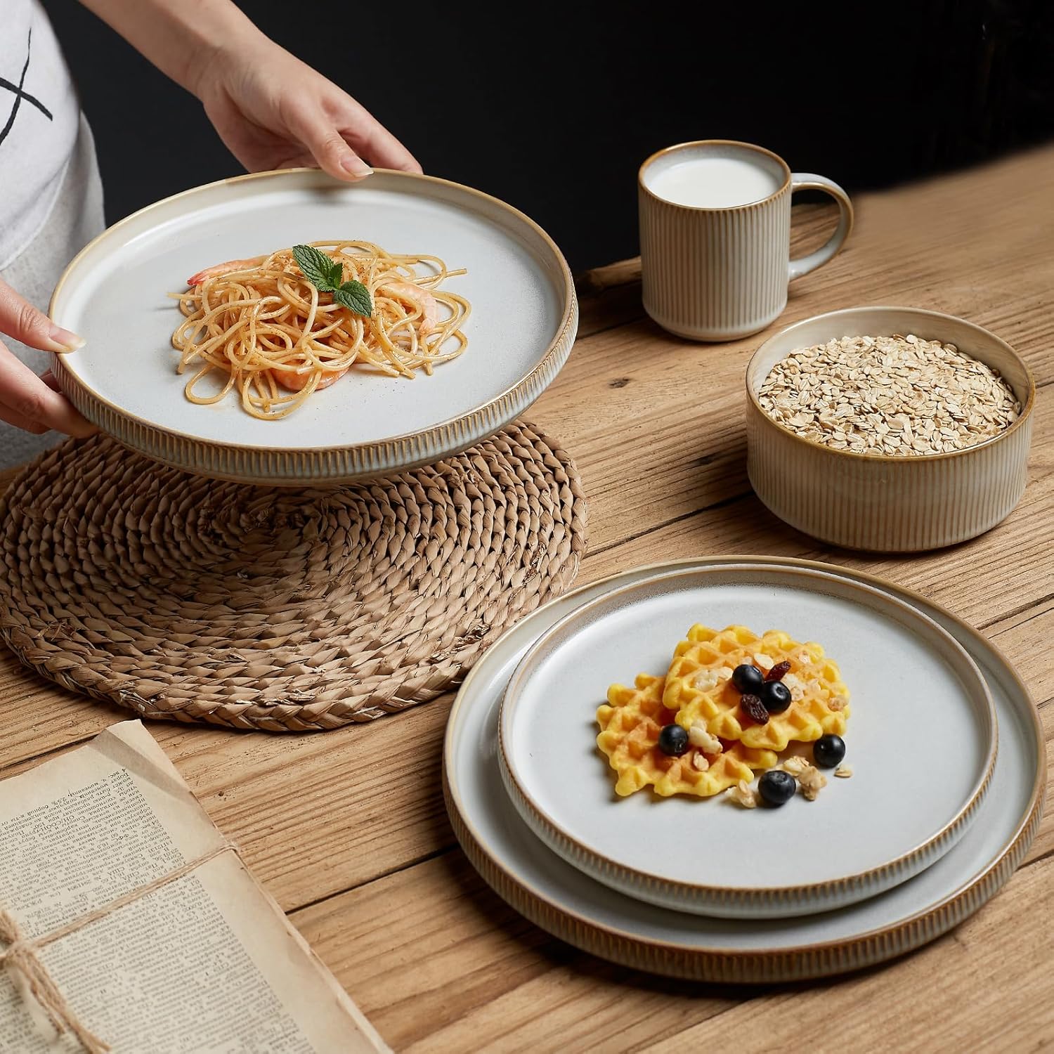 famiware Star Dinner Plates for 6, 10 inches Plate Set, Scratch Resistant, Stoneware Dinnerware, Kitchen Modern Rustic Serving Dishes, Cappuccino White - Image 3