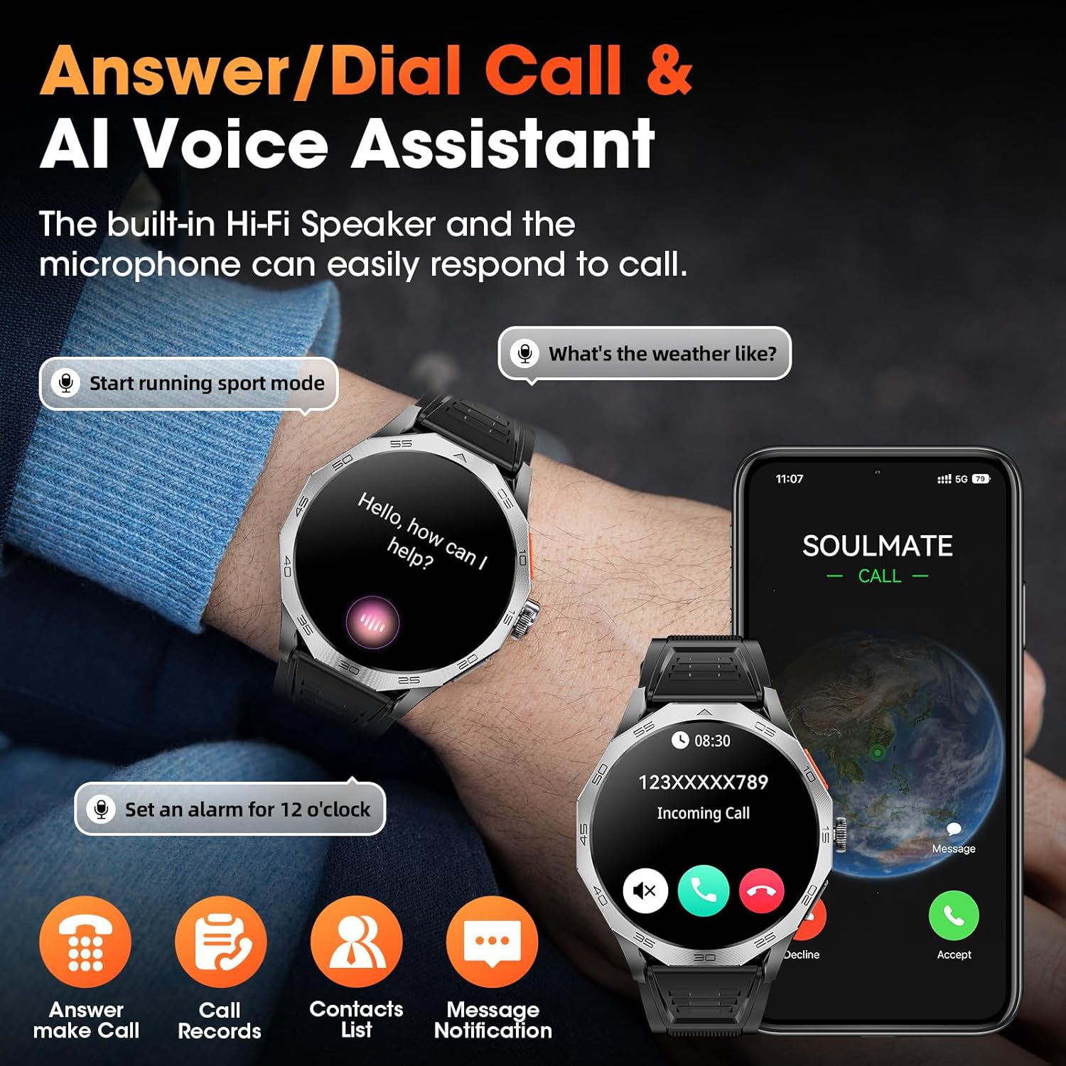 Military Smart Watch for Men 1.85" HD Ultra Screen Touch Screen 710mAh Battery Smart Watches for Android iOS (Bluetooth Call Answer/Dial Calls) Fitness Tracker with 100+ Sports - Image 10