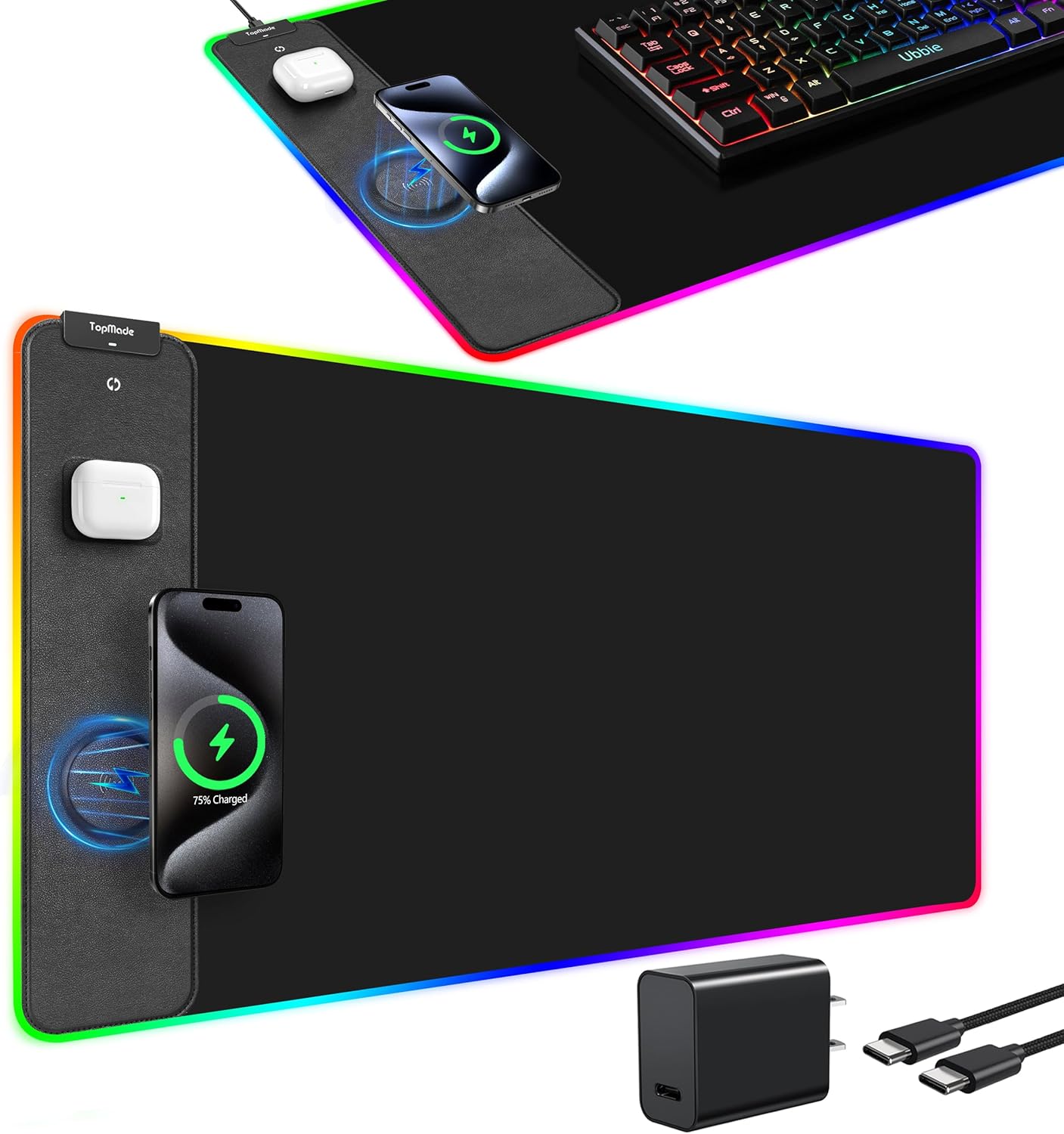 TopMade Wireless Charging RGB Mouse Pad, Waterproof Gaming Mousepad with Ultra-Smooth Surface, Non-Slip Base, 31.5"x15.75" Large Desk Pad, Classic Black Computer Desk Mat for MacBook, PC, Laptop - Image 2