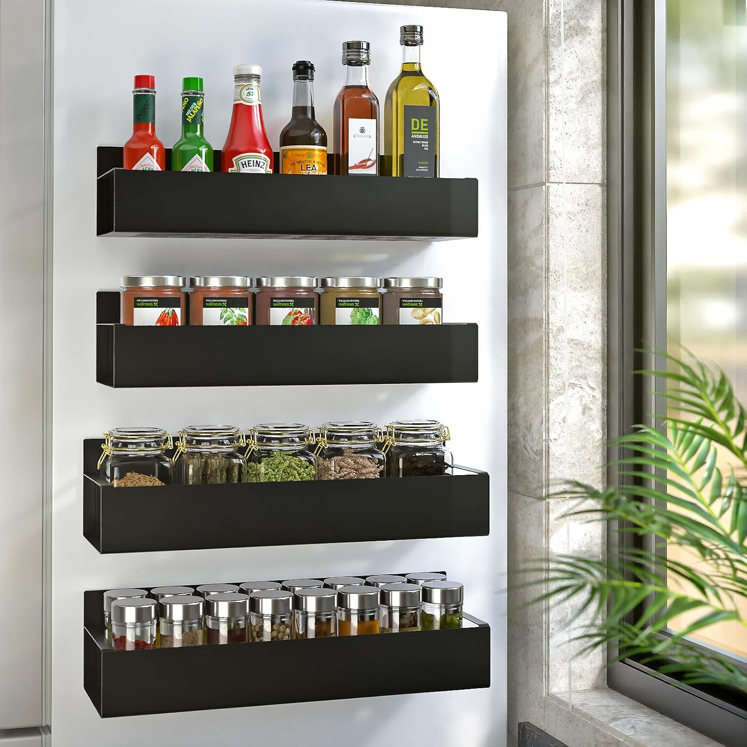 4 Pack Spice Rack for Refrigerator, Moveable Spice Organizer, Black Metal Strong Magnetic Shelf for Fridge and Microwave Oven, Space Saving for Kitchen - Image 2