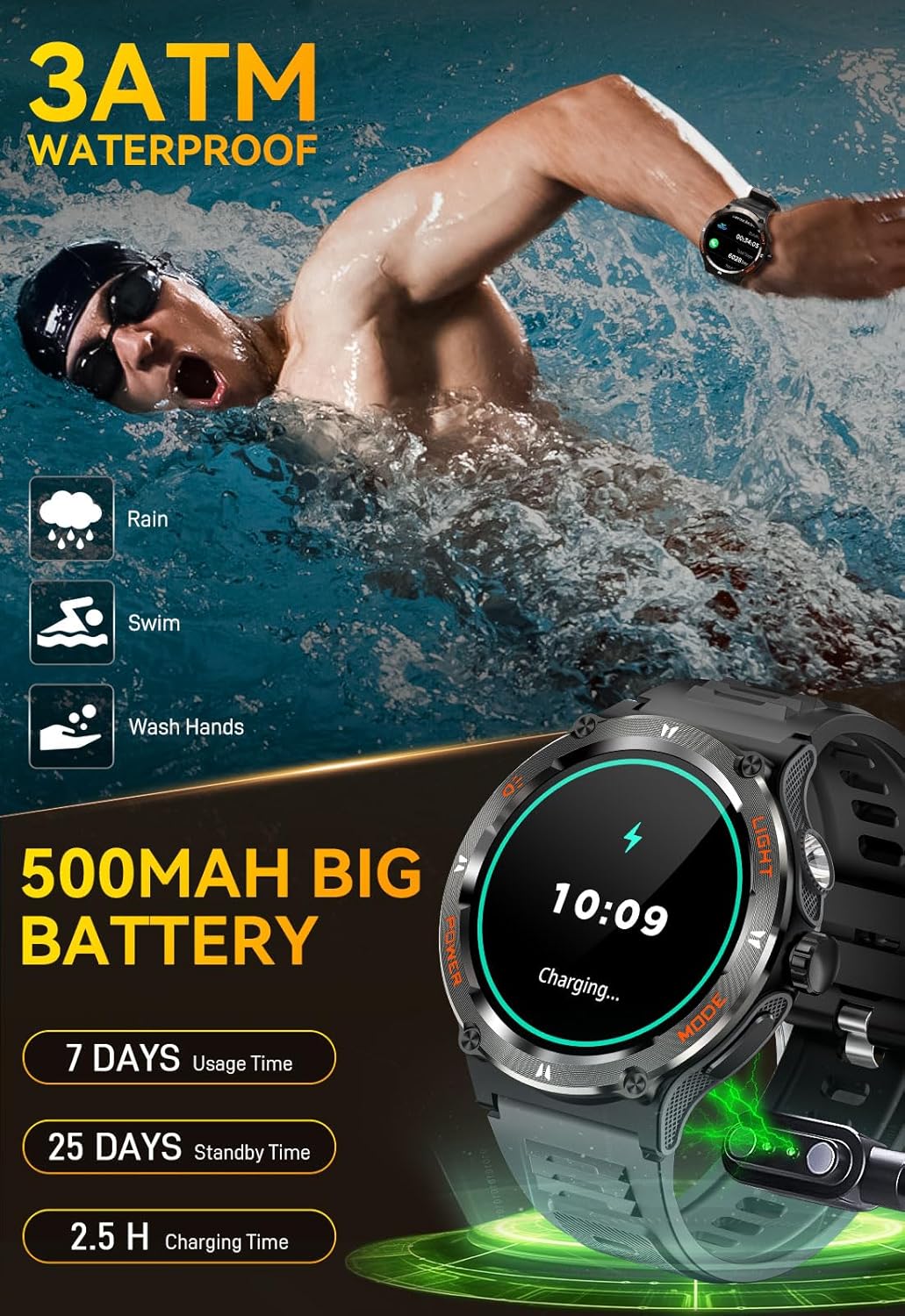 Military Smart Watch for Men with LED Flashlight 500mAh Big Battery Tactical Smartwatch 1.53” Big Screen Rugged Smart Watch 3ATM Waterproof Fitness Tracker with Heart Rate Monitor for iPhone Android - Image 4