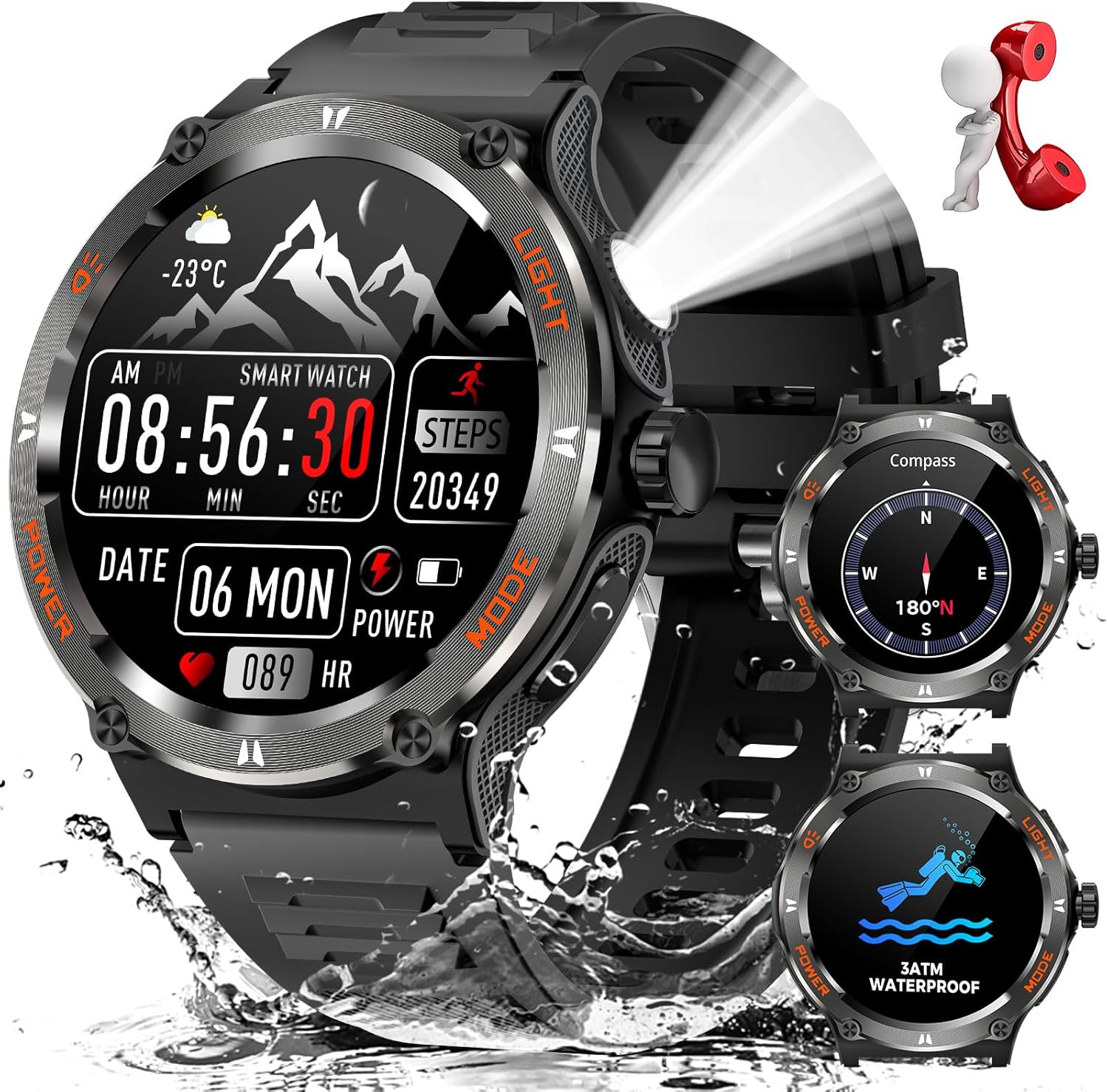 Military Smart Watch for Men with LED Flashlight 500mAh Big Battery Tactical Smartwatch 1.53” Big Screen Rugged Smart Watch 3ATM Waterproof Fitness Tracker with Heart Rate Monitor for iPhone Android - Image 2