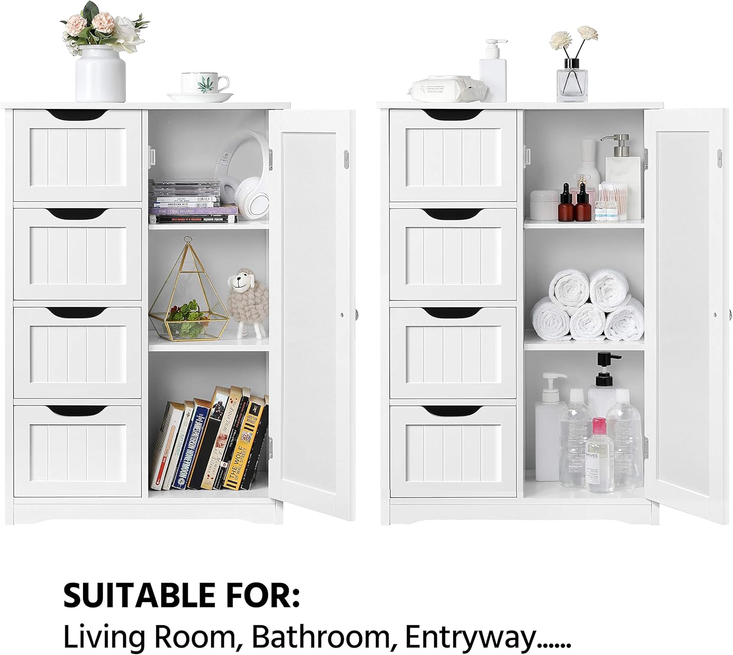 Yaheetech Wooden Floor Cabinet, Side Storage Organizer with 4 Drawers and 1 Cupboard, Freestanding Entryway Storage Unit Console Table, Bathroom Furniture Home Decor, White - Image 6
