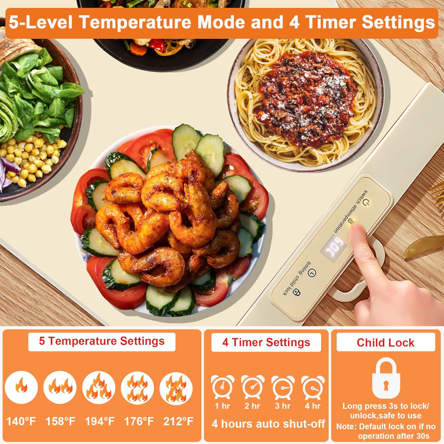 Food Warming Mat,Full Surface Heat Electric Warming Tray,5 Temp-Settings Warming Mat for Food,Portable Silicone Food Warmer Mat with Handle,Food Warming Mat for Buffet,Parties,Gatherings - Image 4