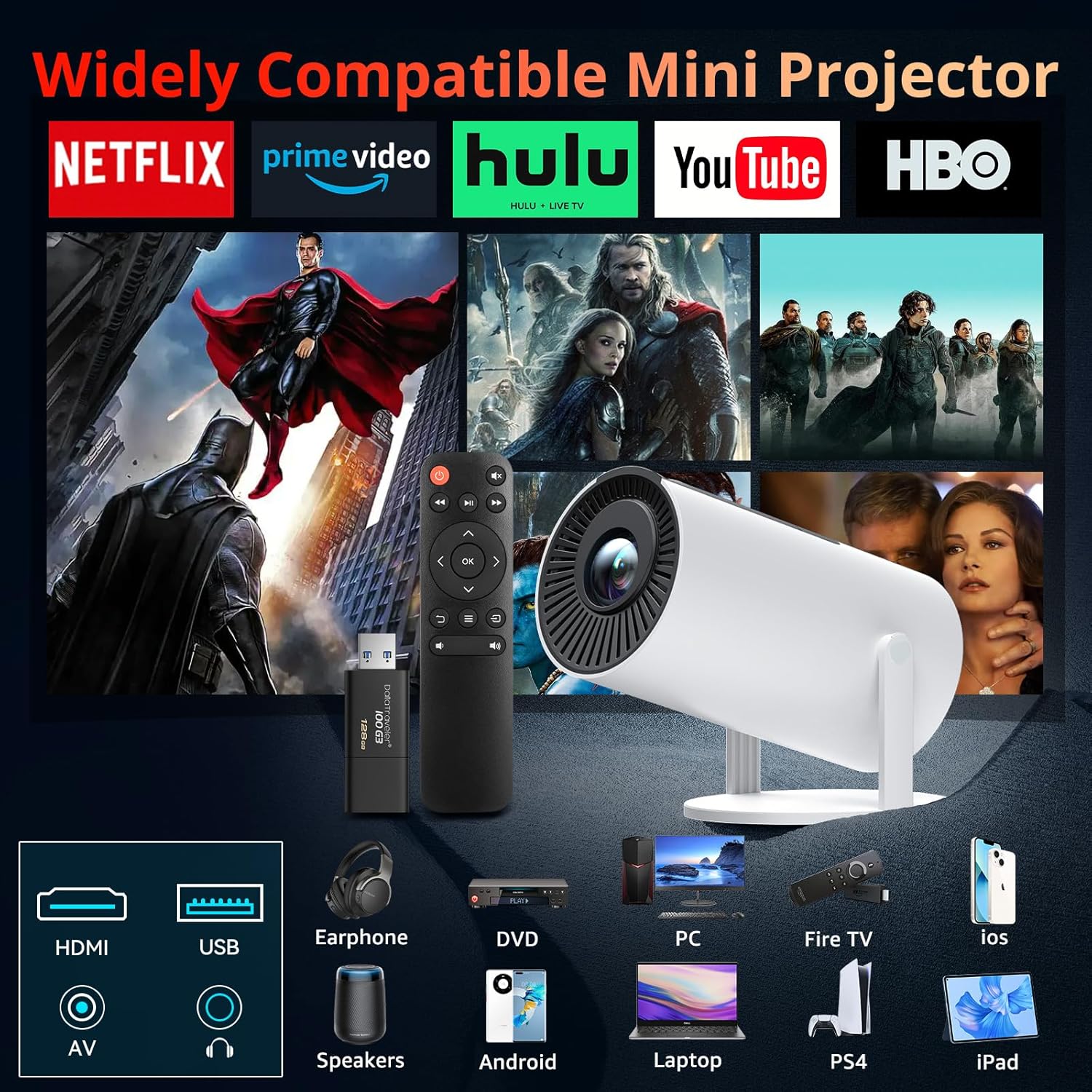 Auto Keystone Projector with WIFI and Bluetooth, Pericat 210° Rotatable Portable Projector, 18000L Native 1080P Home Theater, Outdoor Movie Projectors Compatible with TV Stick, Laptop, PC, Smartphone - Image 6
