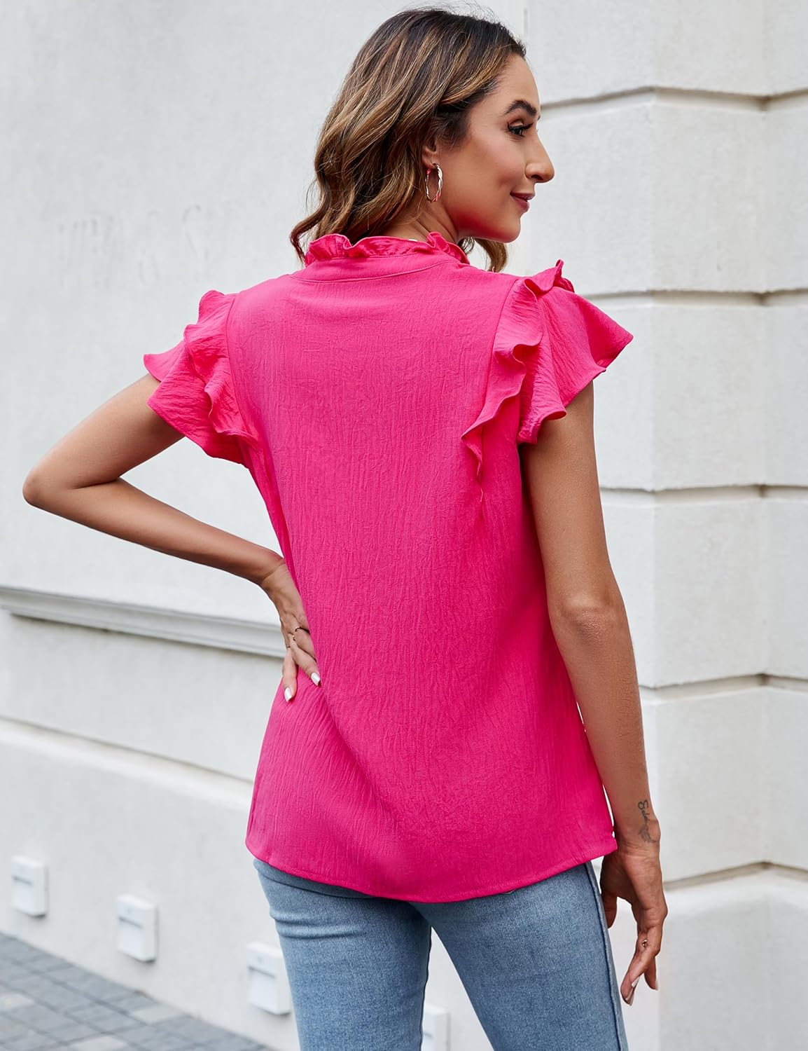 Blooming Jelly Womens Dressy Casual Tops Ruffle Short Sleeve V Neck Shirts Elegant Business Work Blouse - Image 4