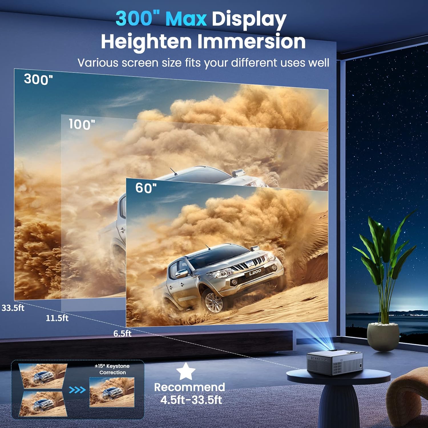 FUDONI Projector with 5G WiFi and Bluetooth, 1080P 18000L Outdoor Projector with HDMI and USB, Max 300" Display Zoom Function for Movies & Gaming, Compatible with TV Stick/Phone/Laptop - Image 5
