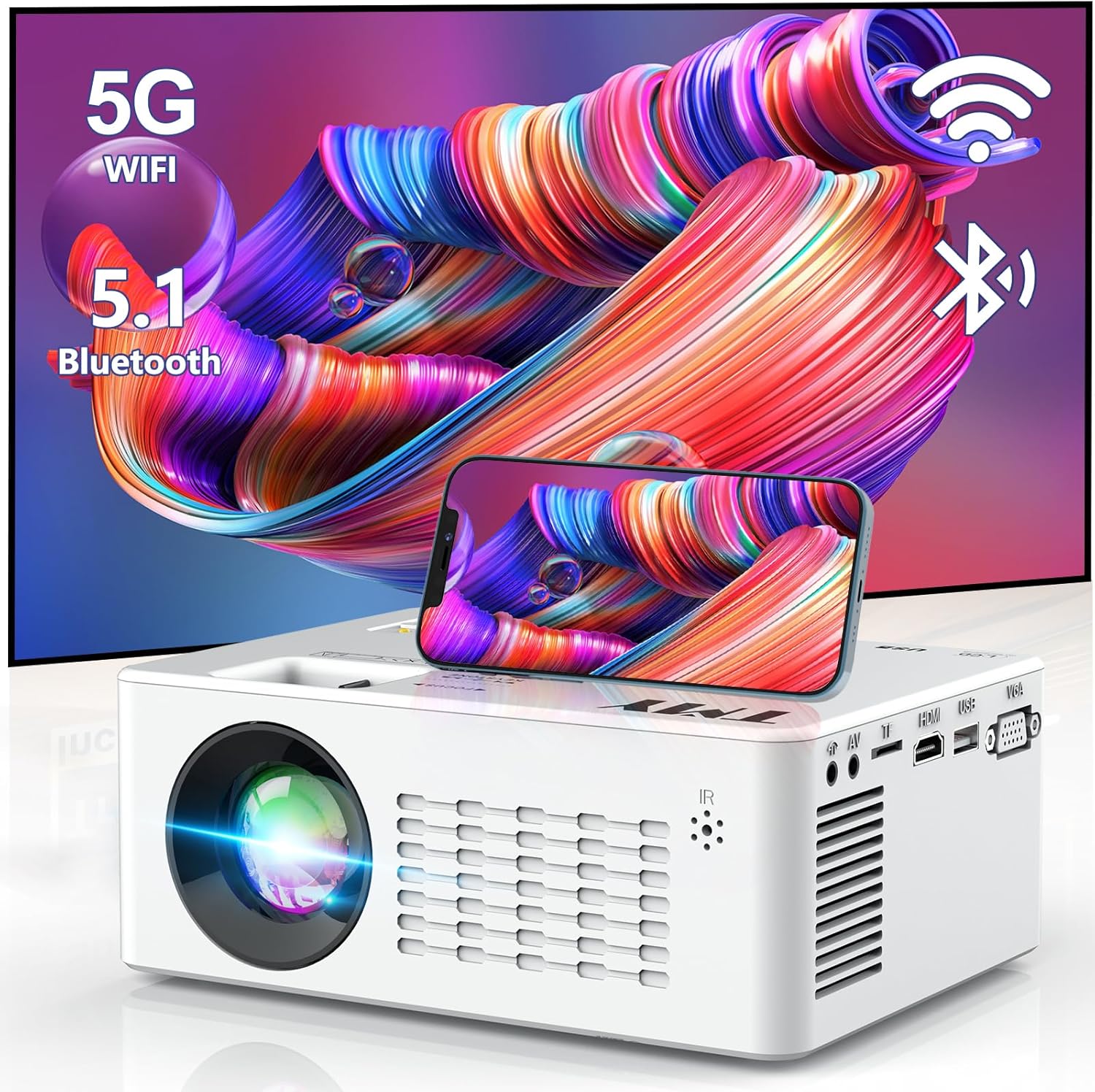 TMY 5G WiFi Projector with Bluetooth 5.1, 9500 Lumens HD Movie Projector, 1080P Supported Mini Projector (white) - Image 2