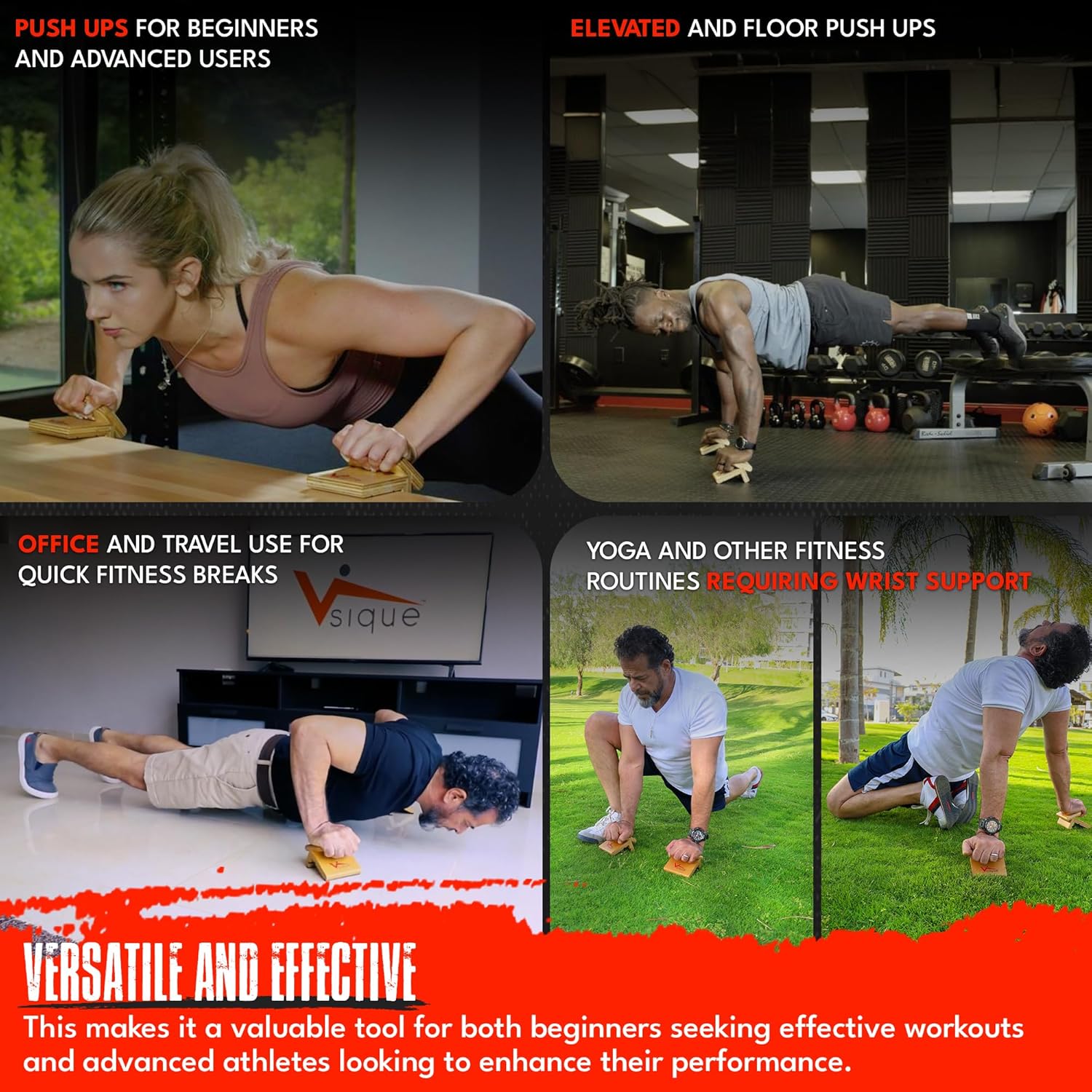 The Vsique Push Up Trainer for Proper Form - Wooden Ergonomic Push Up Grips Reduce Wrist, Joint Strain & Discomfort - Wrist-Friendly Design for All Fitness Levels - Push Up Grips for Floors & Counters - Image 6