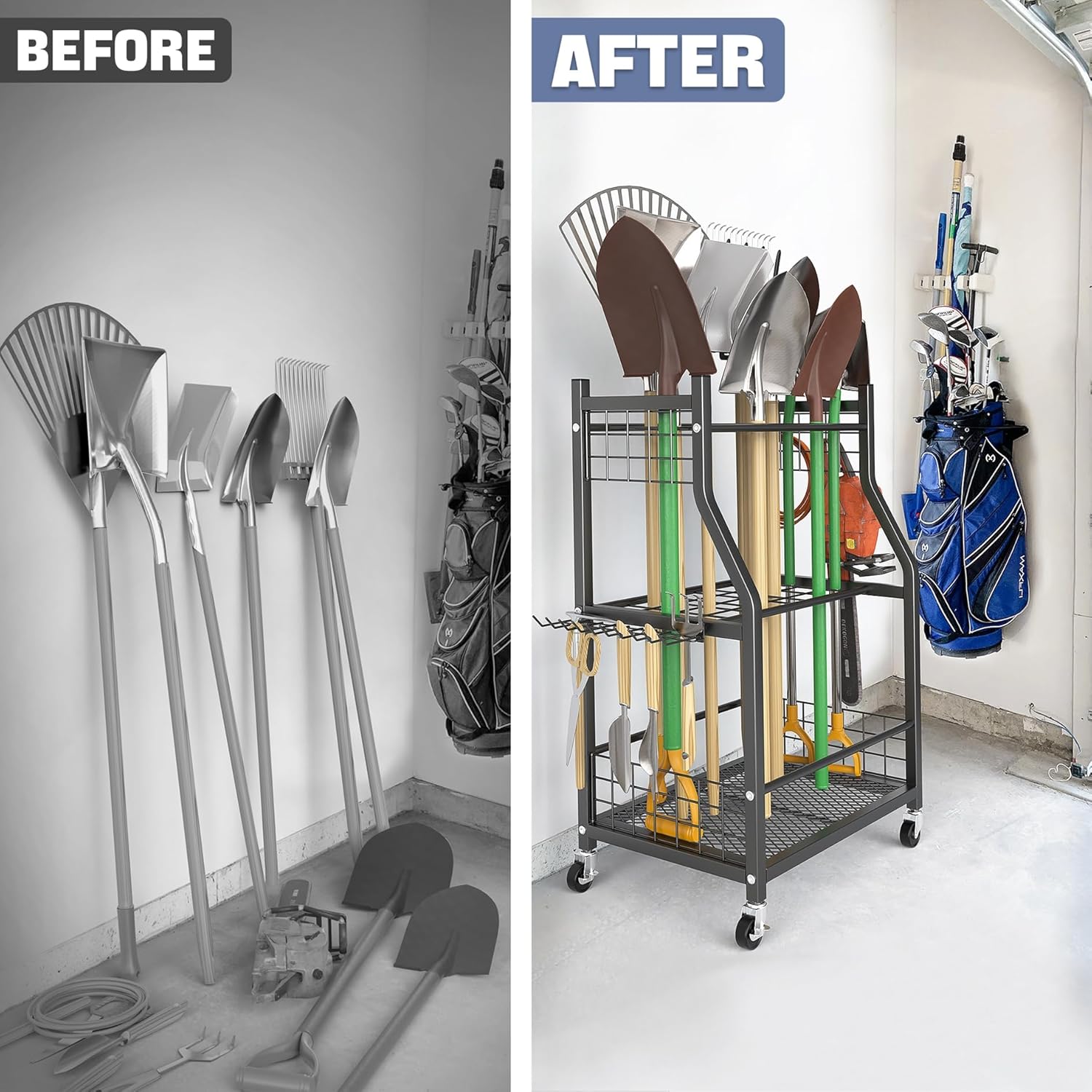 Garden Tool Organizer with Wheels for Garage, Rakes/Shovels/Yard Tools Storage Stand for Garden, Shed, Indoor/Outdoor Long-Handled Tools Rolling Cart - Image 8
