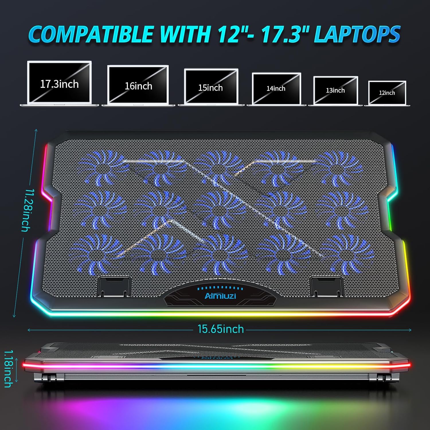 Laptop Cooling Pad, Gaming Laptop Cooler with 15 Quiet Fans for 12-17.3 Inch Notebook, Slim Portable RGB Laptop Cooling Stand with 7 Height Adjustable,2 USB Ports, Phone Stand - Image 5