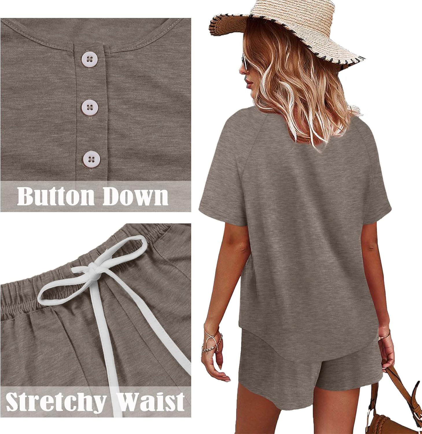 WIHOLL Two Piece Outfits for Women Lounge Sets Button Down Top and Shorts Set Sweatsuits with Pockets - Image 5