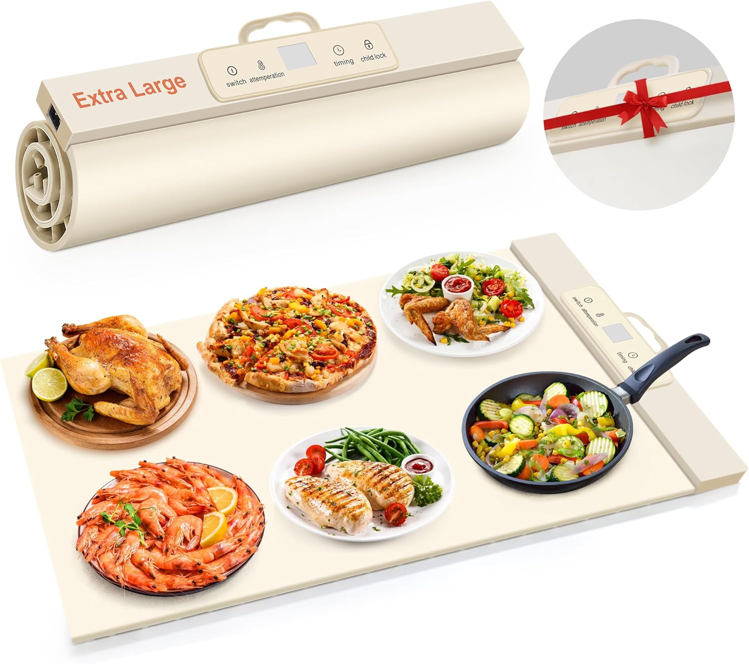 Food Warming Mat,Full Surface Heat Electric Warming Tray,5 Temp-Settings Warming Mat for Food,Portable Silicone Food Warmer Mat with Handle,Food Warming Mat for Buffet,Parties,Gatherings - Image 2