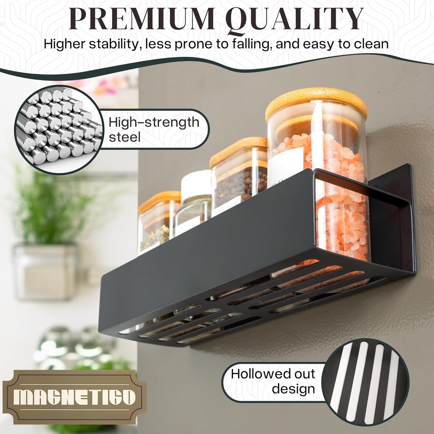 4-Pack Magnetic Spice Rack Set with Hooks, Grocery Notepad & Pen - Space-Saving Kitchen Organizer for Spices & Jars - Image 4