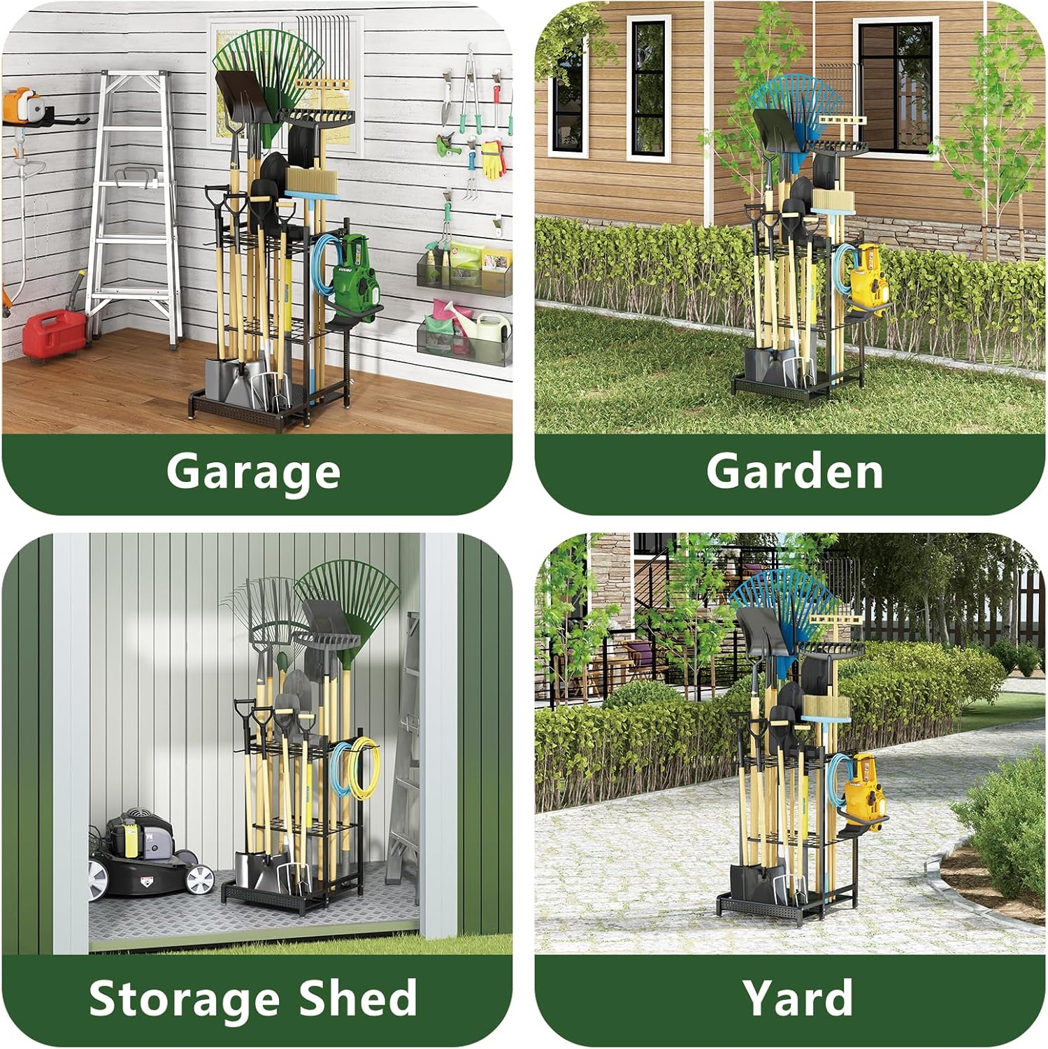 GILLAS Garden Tool Organizer for Garage, Utility Storage Racks with Hooks, Metal Yard Tool Stand Holder Organizer for Long-Handled, Broom, Shovel, Rake, Sturdy Heavy Rack for Outdoor, Yard, Black - Image 6