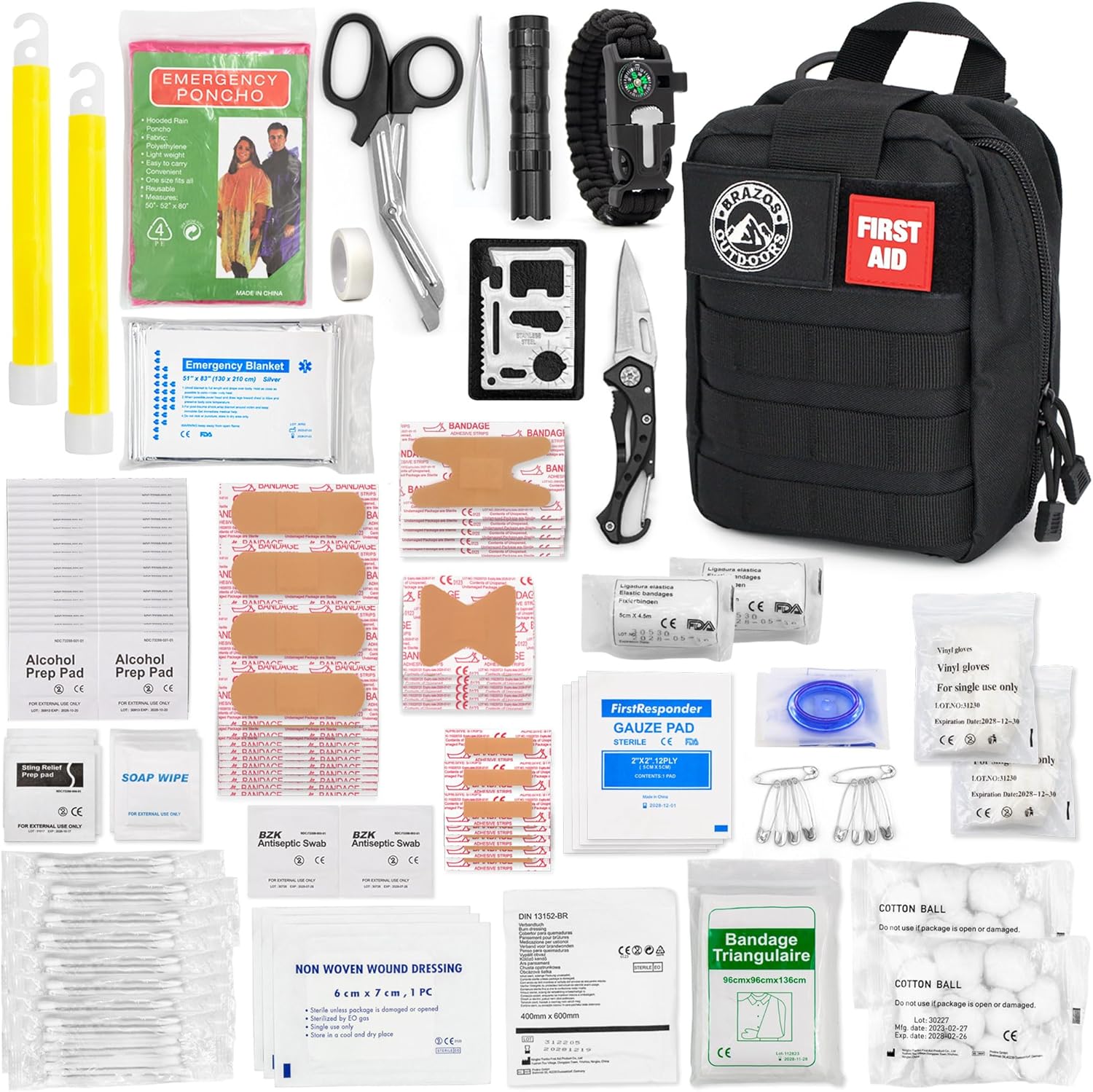 The Brazos First Aid Survival Kit, 250 Pieces, Hiking & Camping Essentials, Survival Gear and First Aid Combo for Emergency Preparedness, Lightweight, Portable, Tactical Clips & Closures, Black - Image 9