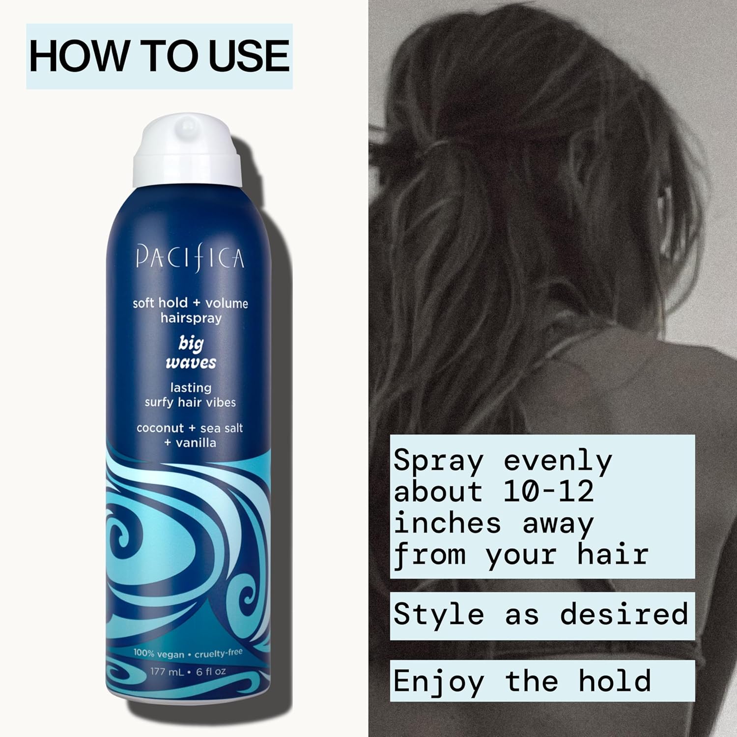 Pacifica Beauty Big Waves Coconut, Vanilla & Sea Salt Hairspray, Controls Frizz & Adds Volume, Designed for Wavy Hair, Vegan & Cruelty-Free, 6 Fl Oz - Image 7