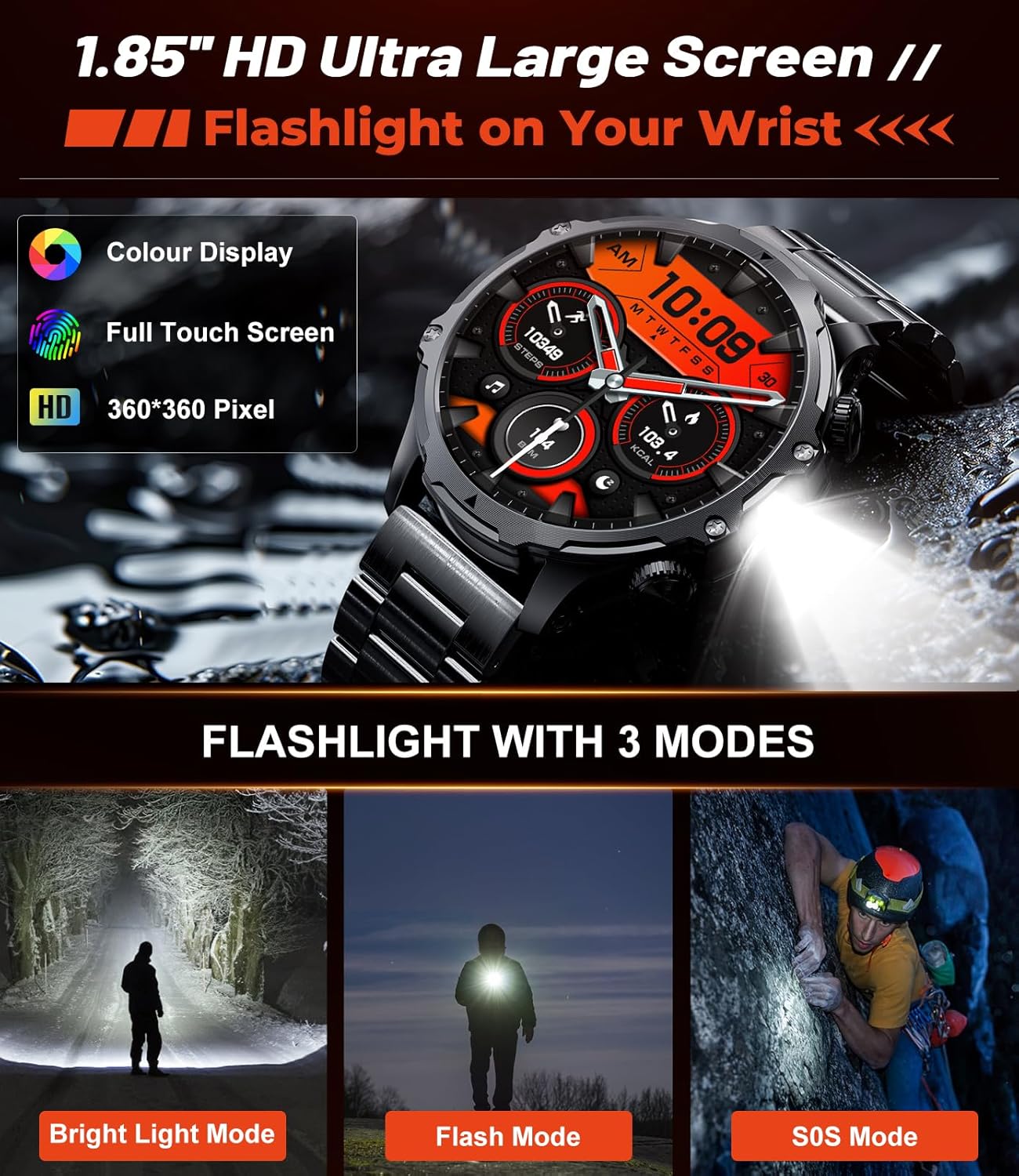 Military Smart Watch for Men,1.85" HD/800mAh Battery Smart Watches with LED Flashlight for Android iOS (Bluetooth Call Answer/Calls)Fitness Tracker with Heart Rate/Sleep Tracking/Blood Oxygen Black - Image 4