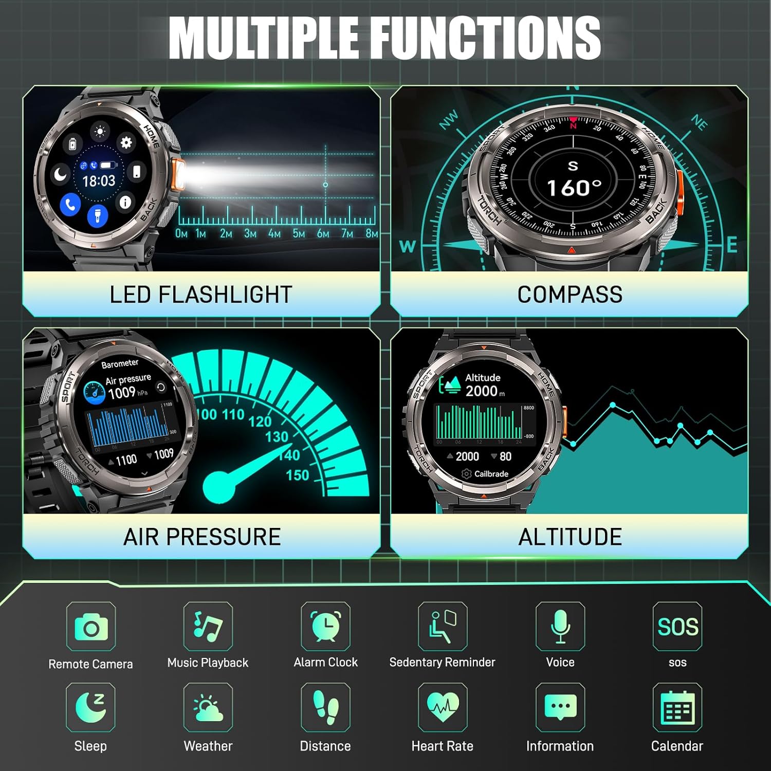 Military Smart Watch for Men with Call/LED Flashlight/3ATM Waterproof 1.45" HD Rugged Tactical Smartwatch with Compass Elevation Barometer Fitness Tracker with HR/SPO2/Sleep Monitor for iPhone Android - Image 5