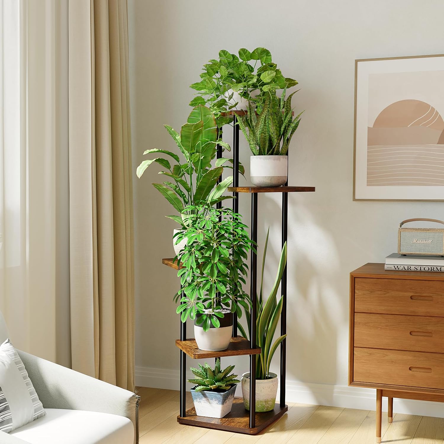 Bamworld Corner Plant Stand Indoor, 5 Tier Metal Plant Shelf for Multiple Plants, Tall Flower Stand for Patio Garden Balcony Living Room Bedroom(Brown) - Image 3