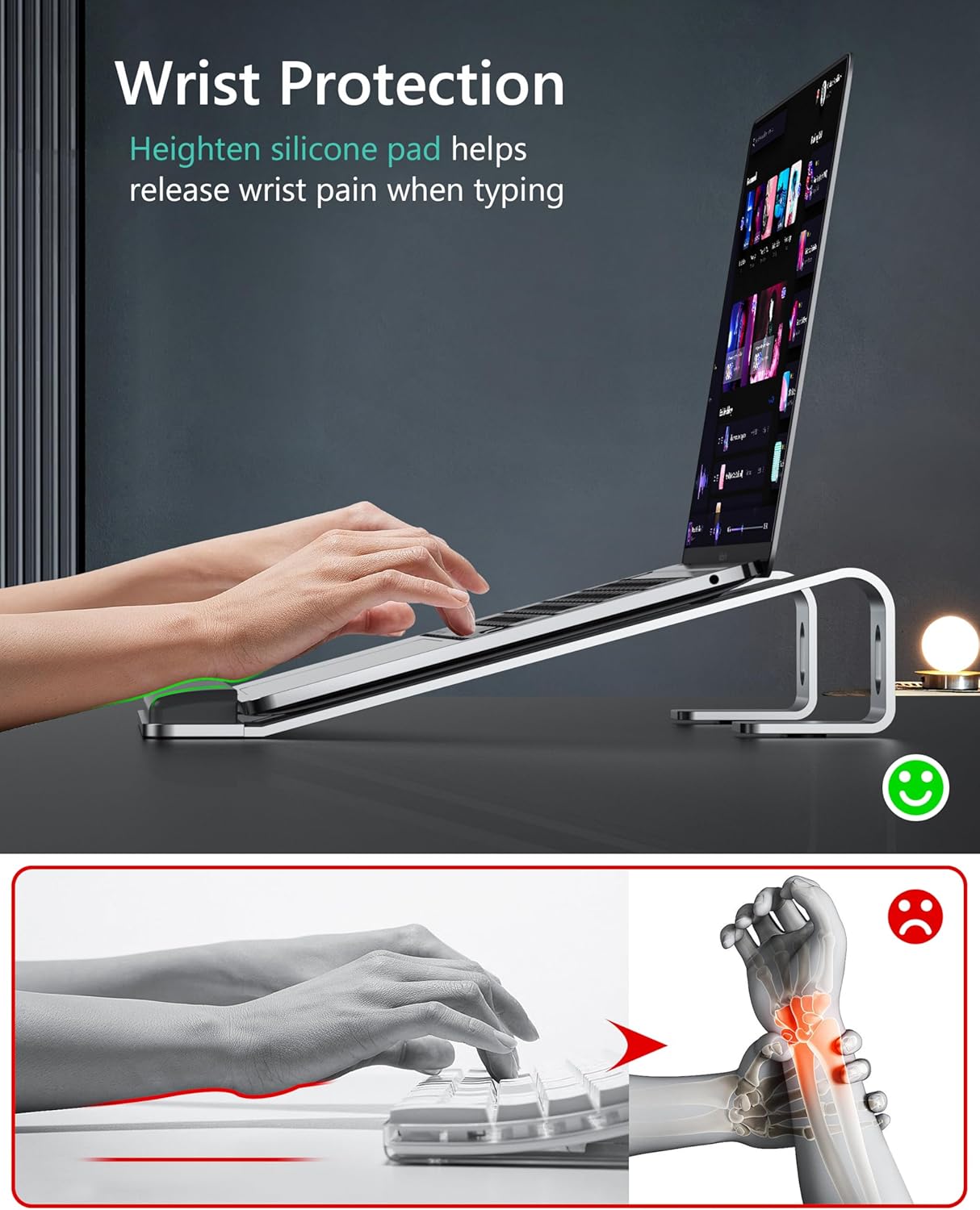 Laptop Stand for Desk, Aluminum Computer Riser with Wrist Rest Pad, Detachable Laptop Mount, Heavy Stable Laptops Holder for MacBook Air Pro, Dell, HP, 10 to 17 Inches Notebooks, Silver - Image 3