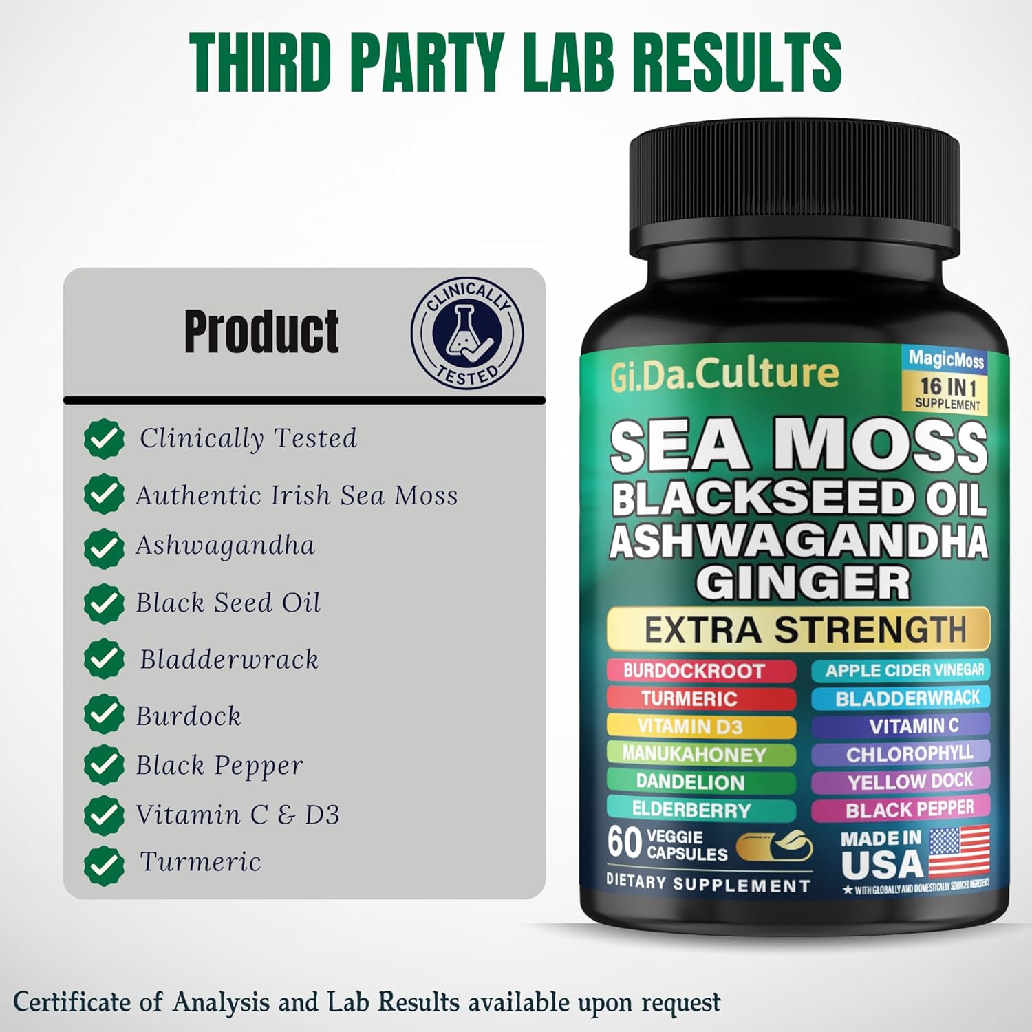 Sea Moss Capsules - Organic Irish Sea Moss Black Seed Oil Ashwagandha Ginger Burdock Root Bladderwrack Turmeric Black Pepper Vitamin C Vitamin D3-60 Veggie Capsules - Image 7