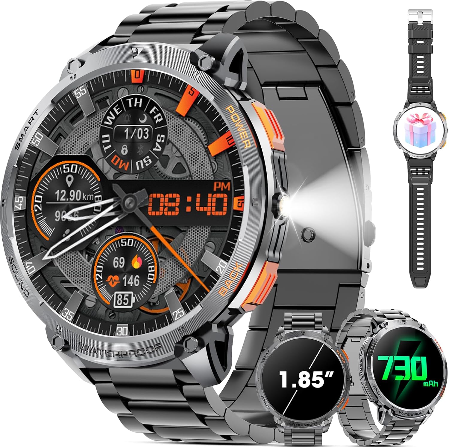 Military Smart Watch for Men 1.85" HD 730mAh Battery Smart Watches with LED Flashlight for Android iOS (Bluetooth Call Answer/Dial Calls) Fitness Tracker with Heart Rate Blood Black Steel Strip - Image 2