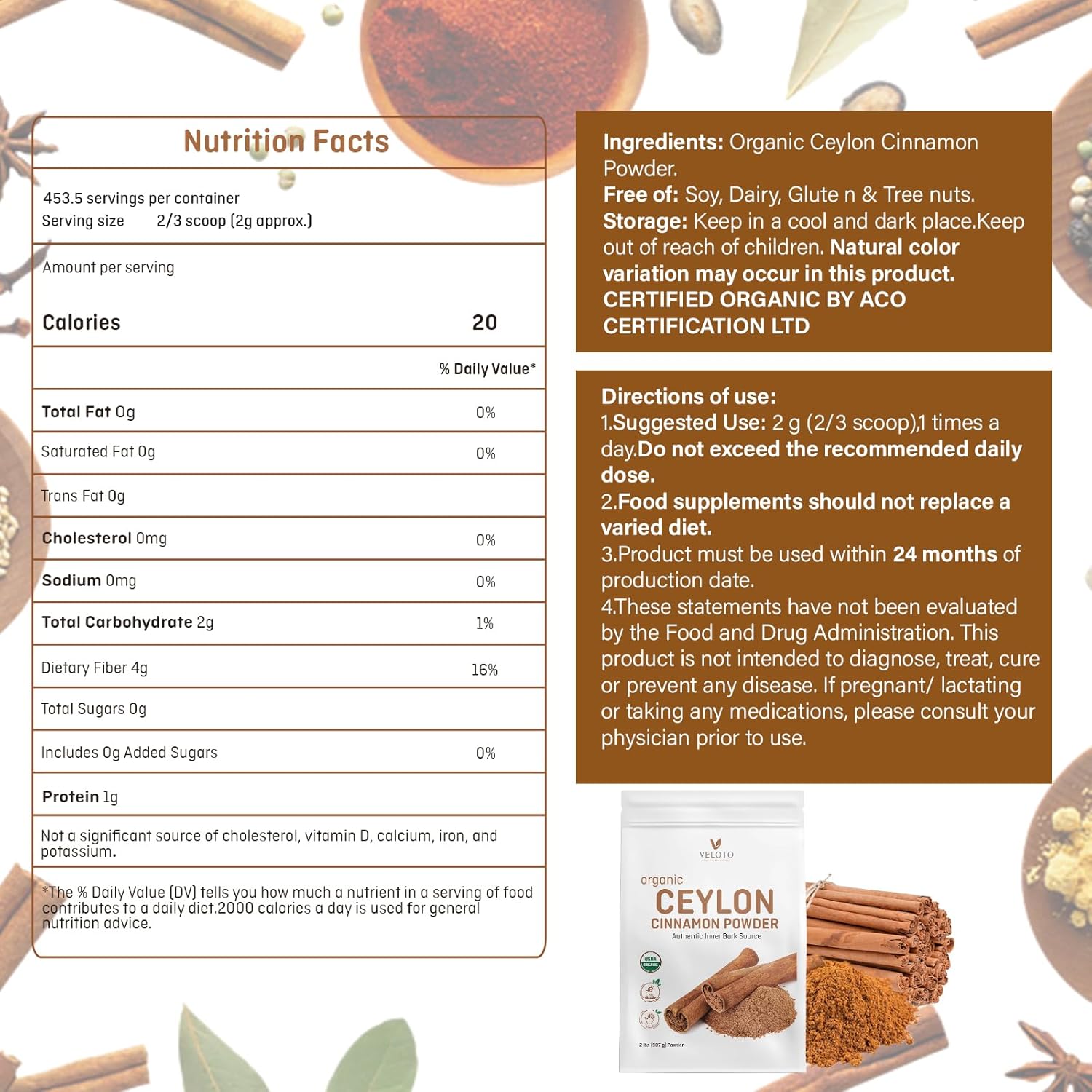Ceylon Cinnamon Powder Organic Cinnamon Powder, Freshly Ground Cinnamon Pure Bulk Spice, Kosher & Organic Certified, Non-GMO Third Party Tested for Purity, Gluten Free, Vegan, 2lb - Image 8