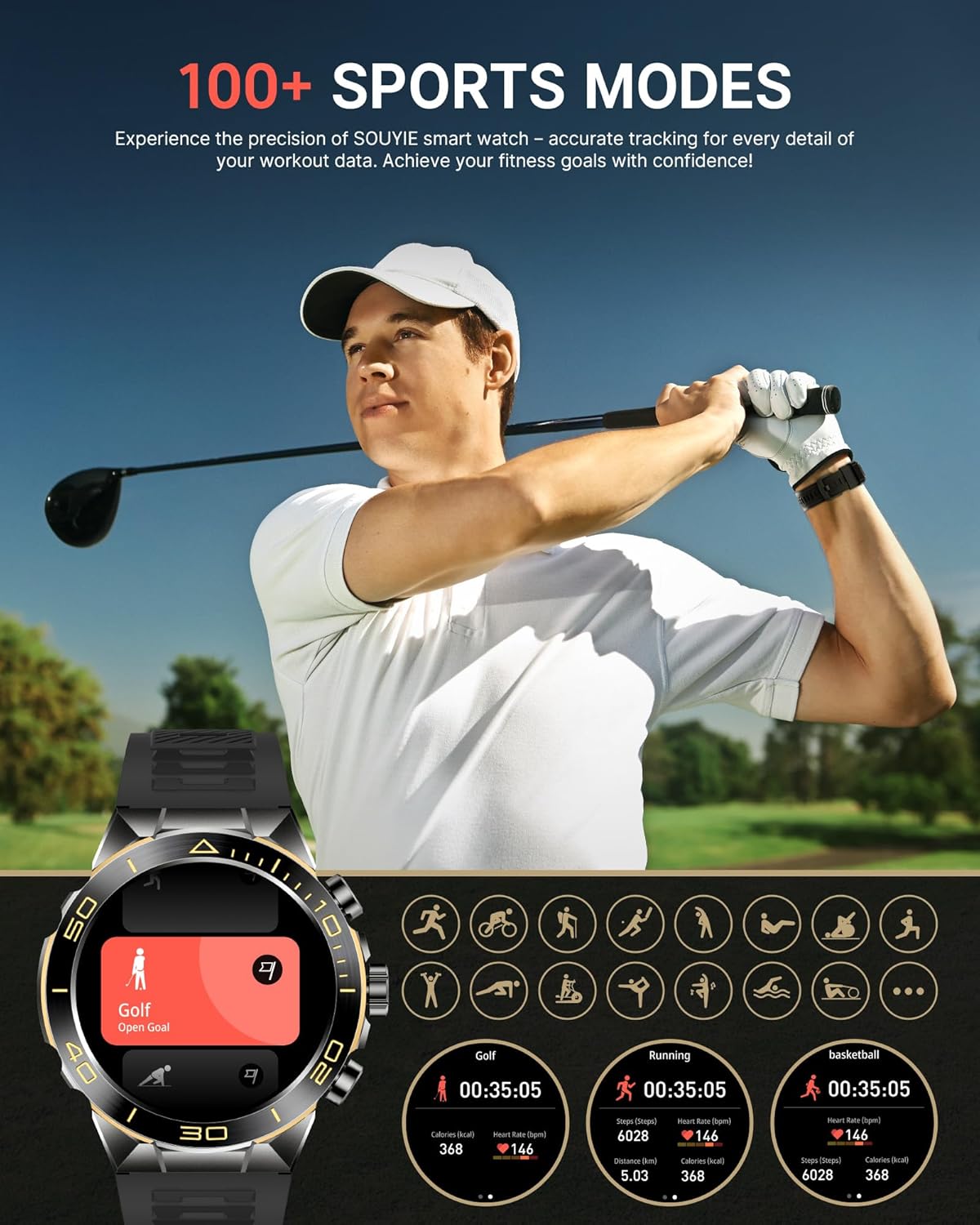 Smart Watch for Men Answer/Make Call for Android iPhone, 1.43" AMOLED HD Screen Mens Luxury Watch, 400mAh Heavy Duty Smartwatch Heart Rate Blood Oxygen Blood Pressure Sleep Monitor Pedometer, 2 Straps - Image 6