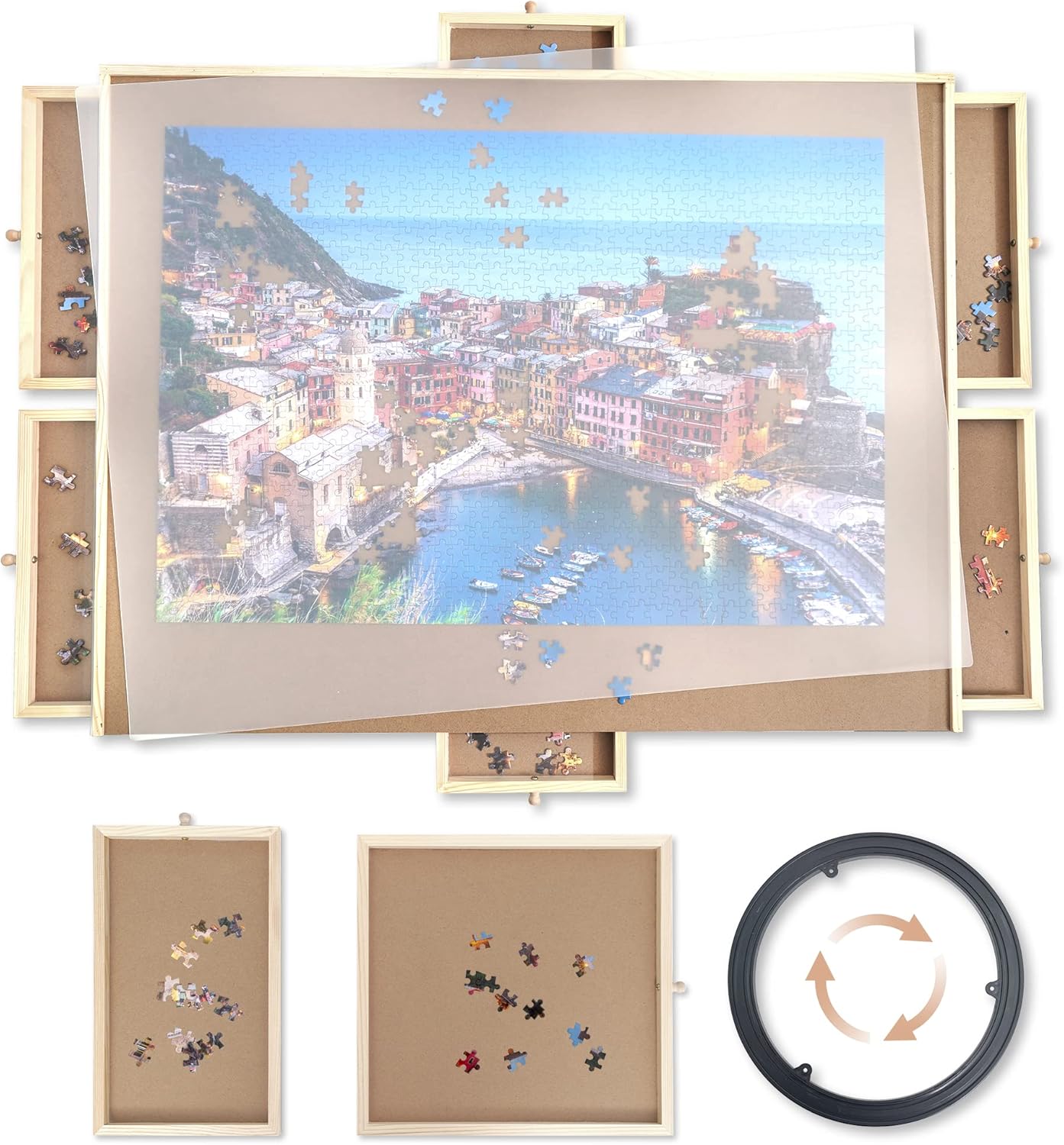 WOOD CITY Puzzle Board, 1500 Piece Wooden Jigsaw Puzzle Board with Drawers, 35” x 27” Portable Puzzle Table with Covers and Lazy Susan, Rotating Jigsaw Puzzle Table for Kids and Adults (1500PCS) - Image 2