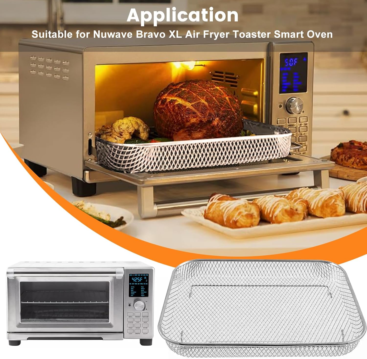 Air Fryer Basket Replacement for nuwave bravo xl air fryer toaster smart oven, 11.7 * 9.7'' Non-stick Mesh Air Fryer Steel Basket Wire Rack Accessories Parts, Dishwasher Safe - Image 4