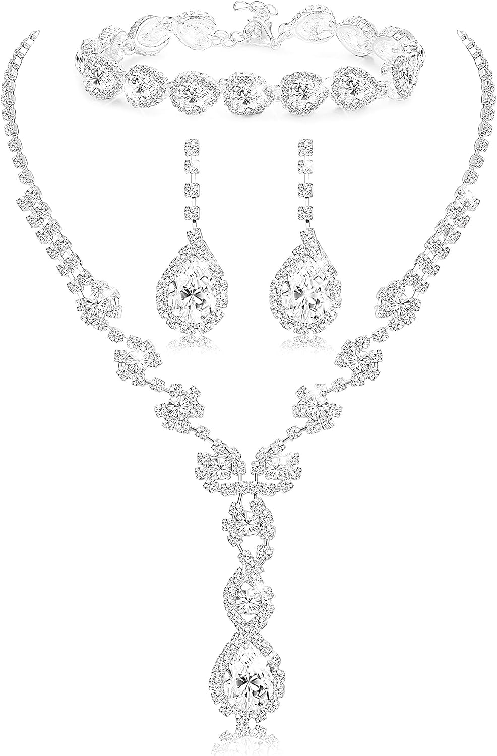 LOYALLOOK Bridal Rhinestone Teardrop Statement Necklace Bracelets and Dangle Earrings Jewerry Sets for Proms Weddings - Image 2