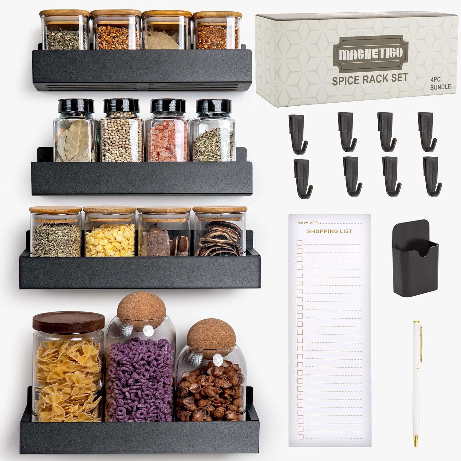 4-Pack Magnetic Spice Rack Set with Hooks, Grocery Notepad & Pen - Space-Saving Kitchen Organizer for Spices & Jars - Image 5