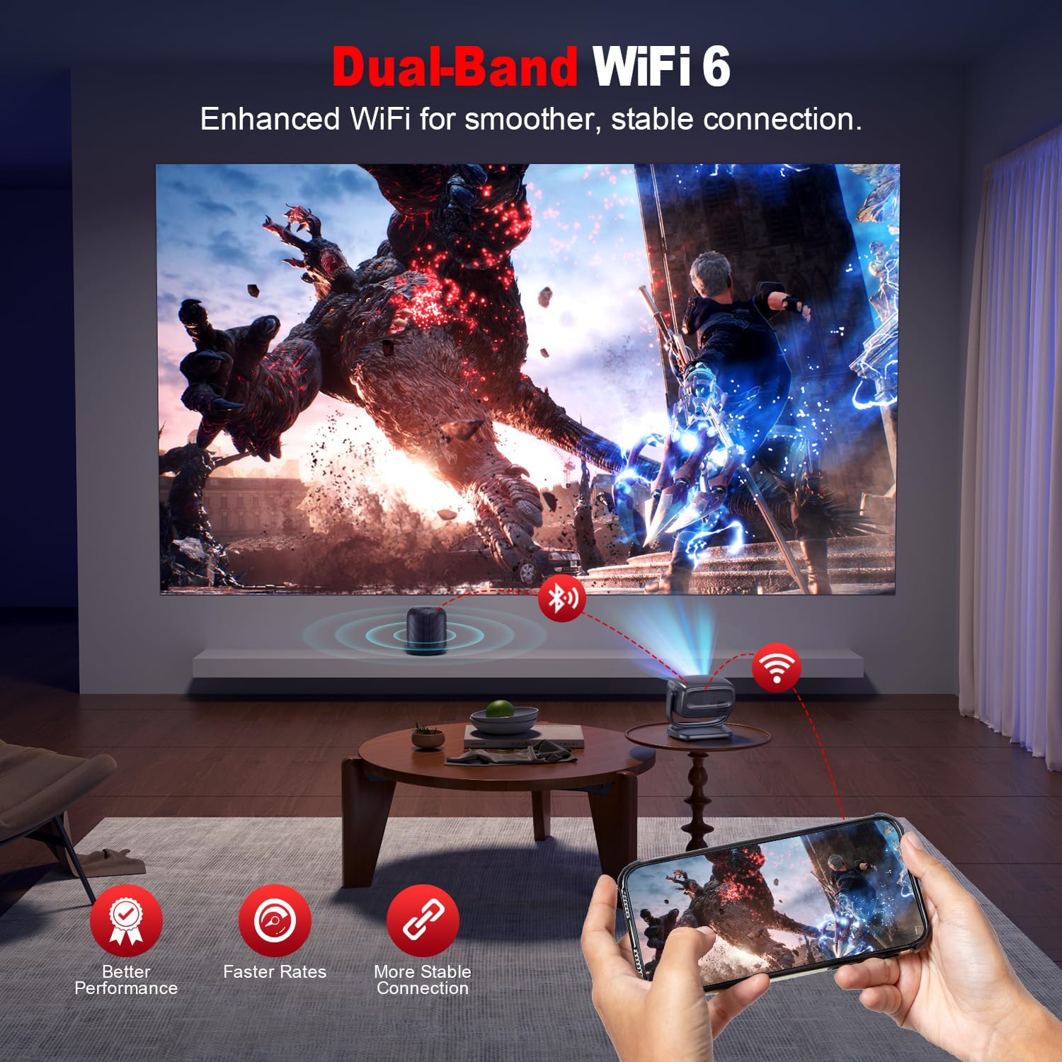 4K Smart Projector with 5G WiFi and Bluetooth 5.2, 600 ANSI Portable Projector with Built in App, 1080P Outdoor Movie Projector with 4P4D Correction, Max 220" Compatible with iPhone/Android/TV Stick - Image 4