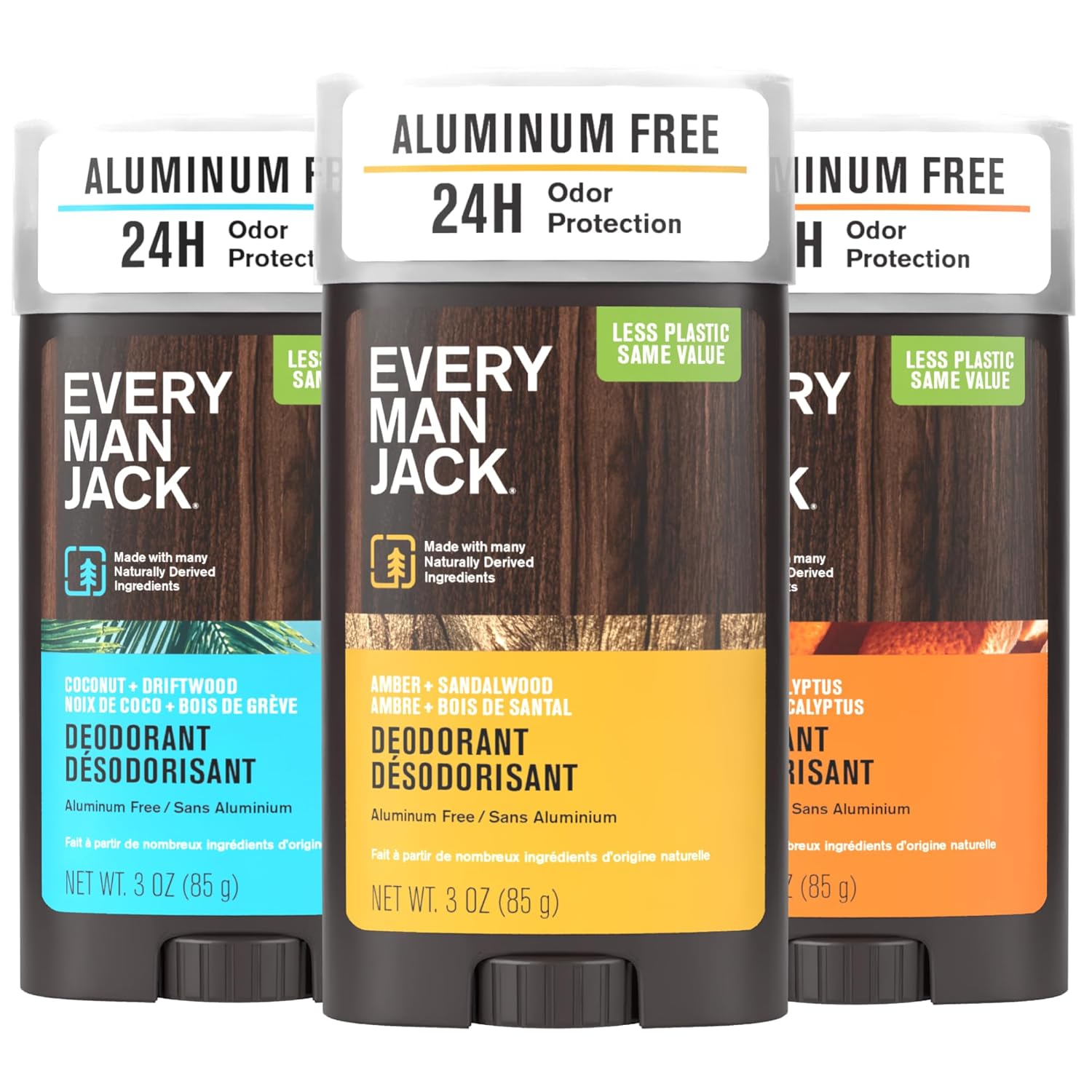 Every Man Jack Men's Deodorant Variety Set - Includes 3 Full-Sized Aluminum Free Natural Deodorant Sticks - Coconut + Driftwood, Citrus + Eucalyptus, Amber+ Sandalwood - 3oz (3 Pack) - Image 2