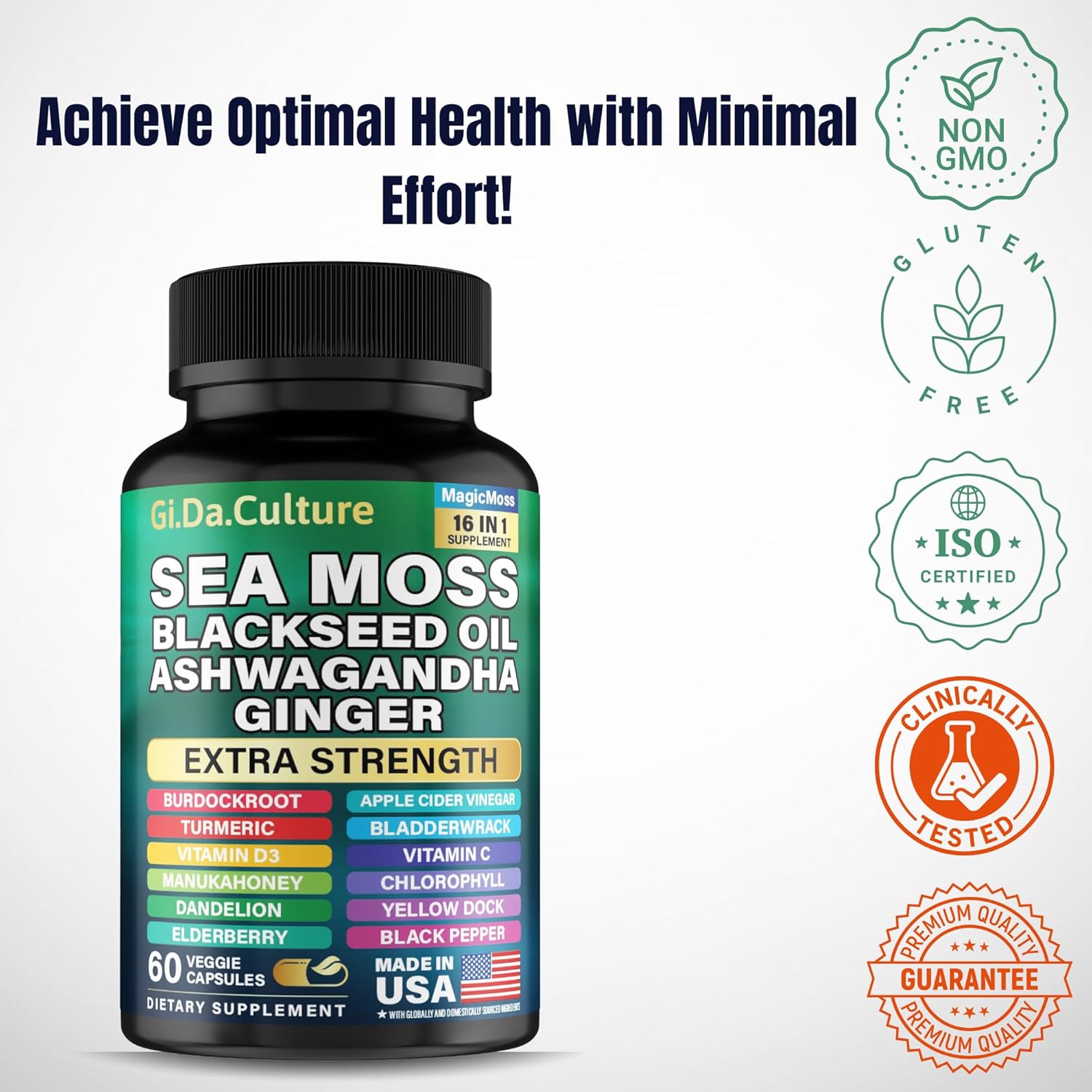 Sea Moss Capsules - Organic Irish Sea Moss Black Seed Oil Ashwagandha Ginger Burdock Root Bladderwrack Turmeric Black Pepper Vitamin C Vitamin D3-60 Veggie Capsules - Image 5