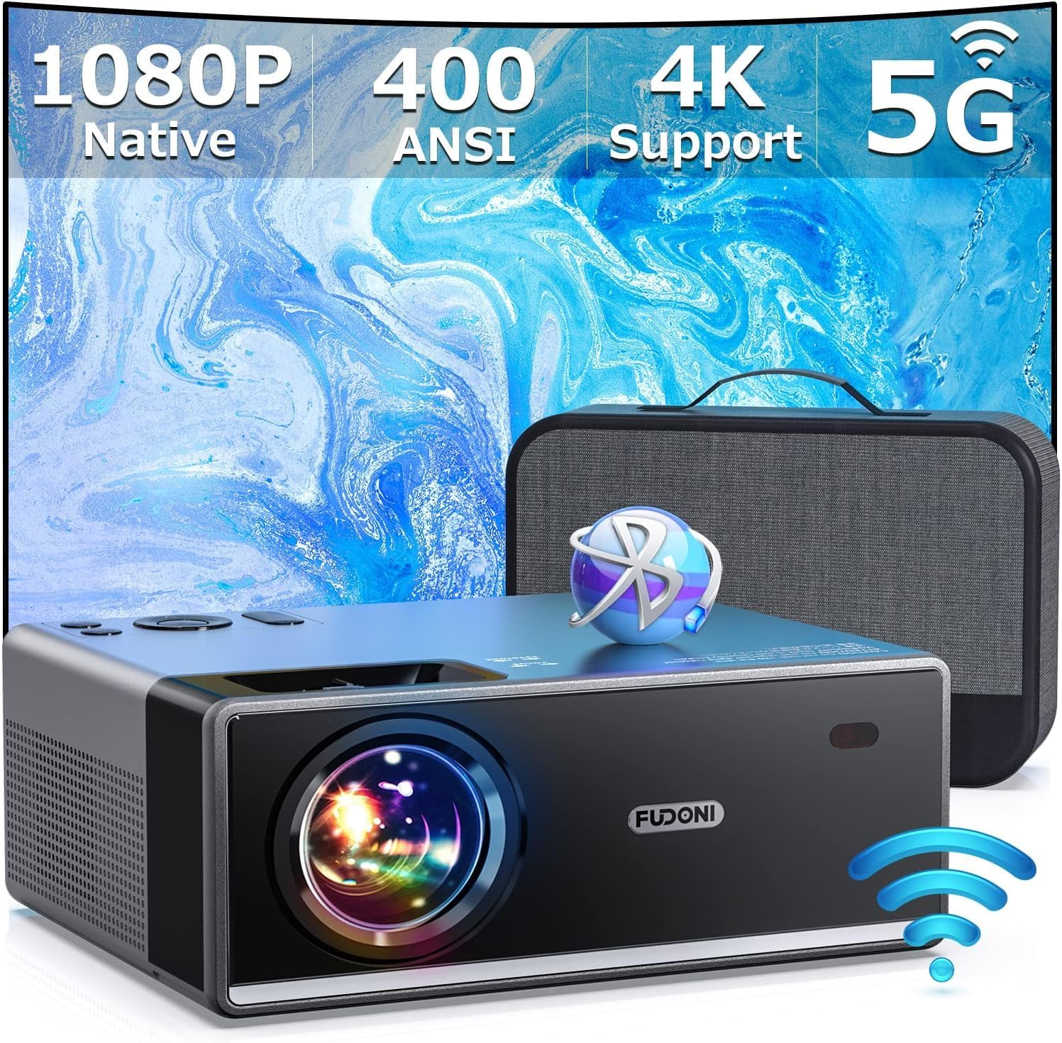 FUDONI Projector with 5G WiFi and Bluetooth, 1080P 18000L Outdoor Projector with HDMI and USB, Max 300" Display Zoom Function for Movies & Gaming, Compatible with TV Stick/Phone/Laptop - Image 2