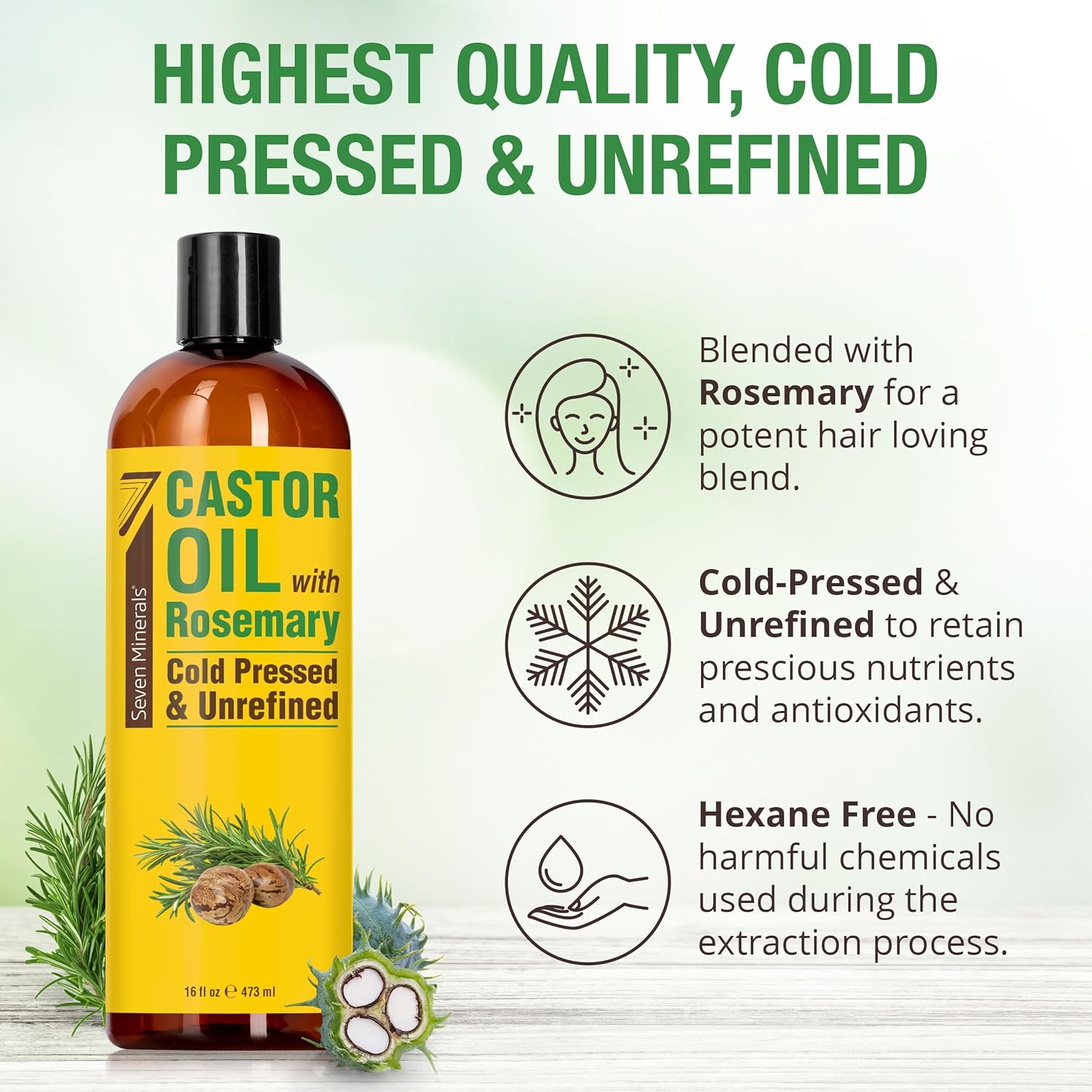 Seven Minerals Cold Pressed Castor Oil with Rosemary - 16 fl oz Bottle - Unrefined & Hexane Free - Hair Growth, Thicker Eyelashes & Eyebrows, Dry Skin Care, Joint and Muscle Pain (Pack of 1) - Image 5