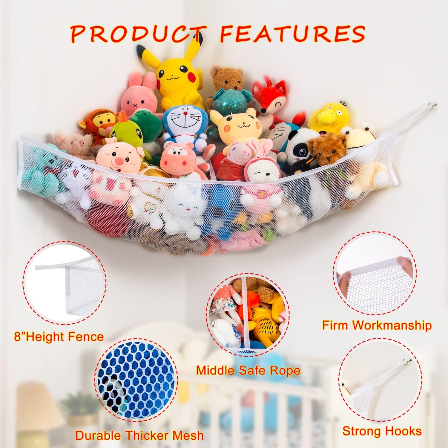 X-Large Stuffed Animal Net Hammock Corner (Min 3’6” Right-angled Corner Space Each Side) Toy Organizer for Plushies Hanging Holder for Organizing your Teddy and Squishmallow (White, X-Large) - Image 4