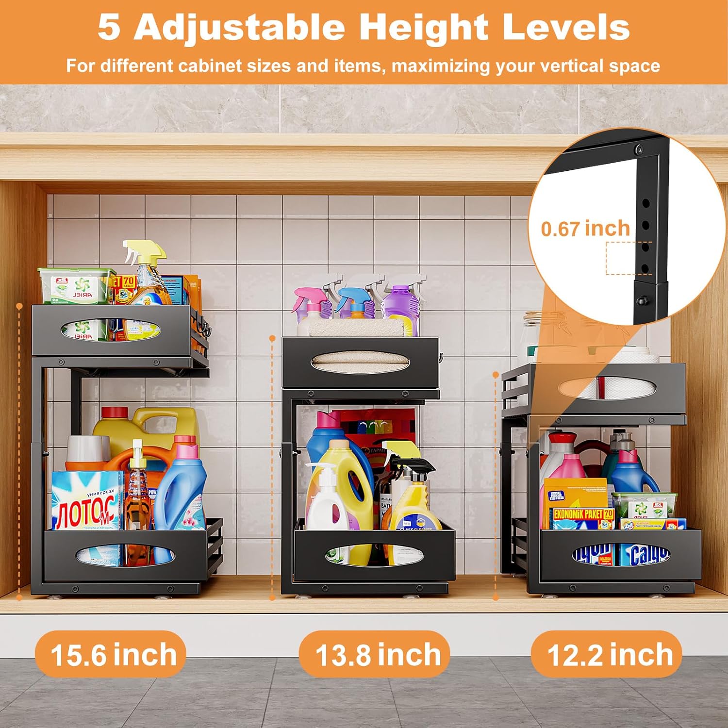 Under Sink Organizer, Pull Out Cabinet Organizers, Slide Sink Steel Shelf Cabinet Storage Shelves, Under Sink Storage for Kitchen Bathroom Cabinet (Black, 2 Pack) - Image 5