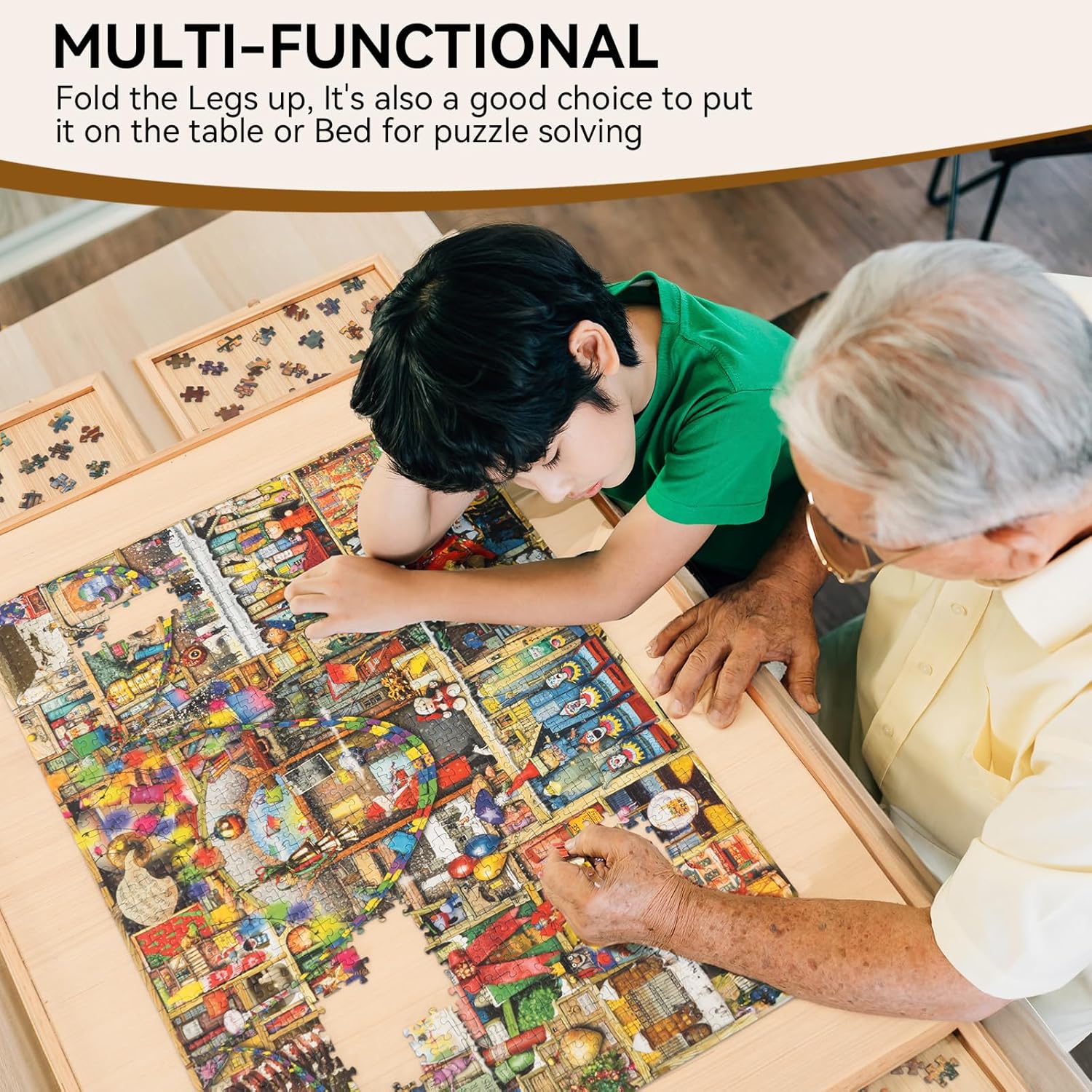 TEAKMAMA 27.6" H Tall 1500 Piece Puzzle Board with Legs, 4 Drawers, 34.1" W x 26.2" D Large Wood Folding Jigsaw Puzzle Table with Cover for Adults, Nature - Image 8