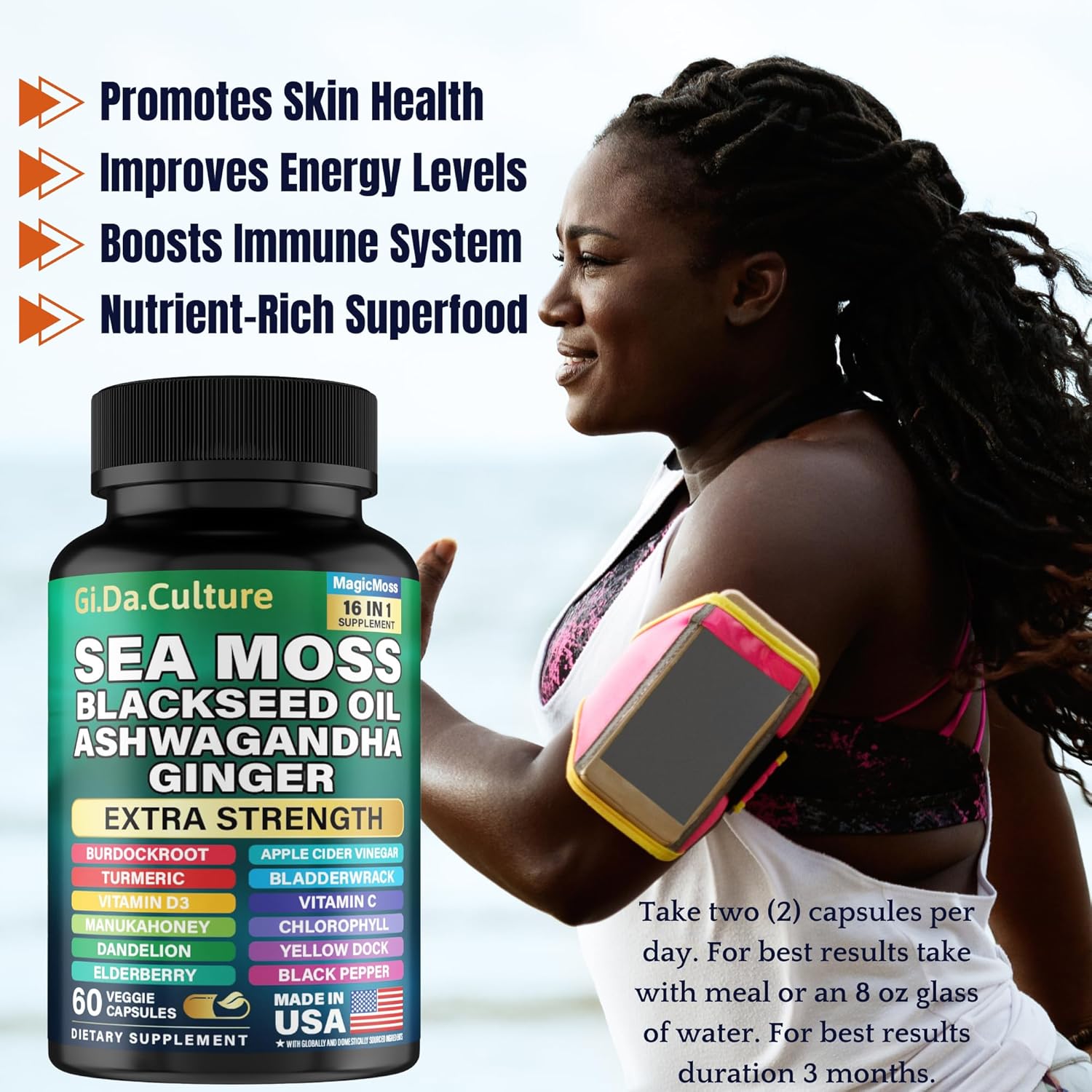 Sea Moss Capsules - Organic Irish Sea Moss Black Seed Oil Ashwagandha Ginger Burdock Root Bladderwrack Turmeric Black Pepper Vitamin C Vitamin D3-60 Veggie Capsules - Image 9