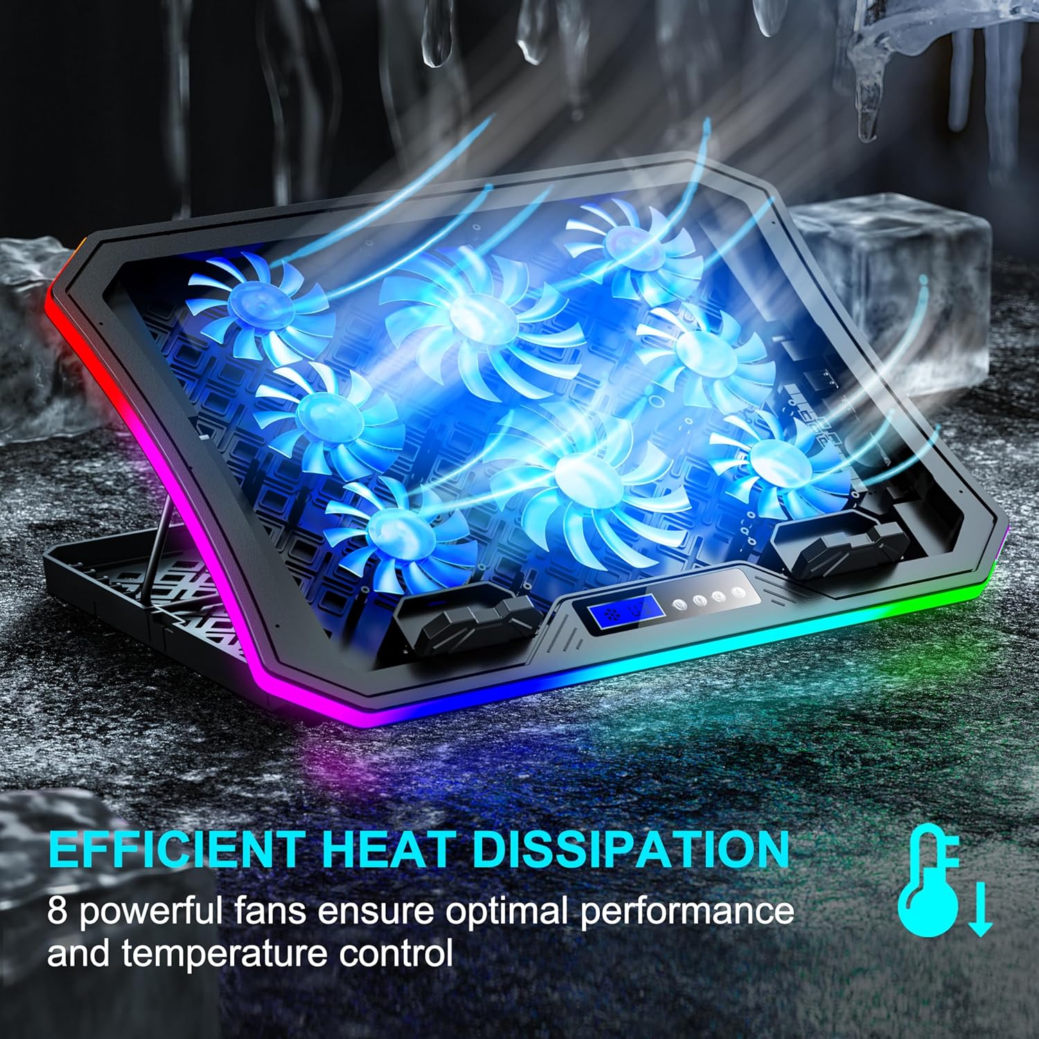 Laptop Cooling Pad RGB Gaming Notebook Cooler for Desk and Lap Use, MOOJAY Laptop Fan Stand 8 Adjustable Heights with 8 Quiet Fans and Phone Holder, for 15.6-17.3 Inch Laptops - Blue LED Light - Image 3