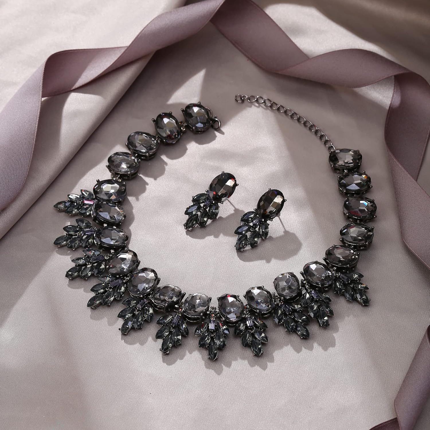 EVER FAITH Costume Crystal Marquise Statement Jewelry Set, Vintage Oval Rhinestone Choker Pendant Necklace Earrings Set for Women - Image 5