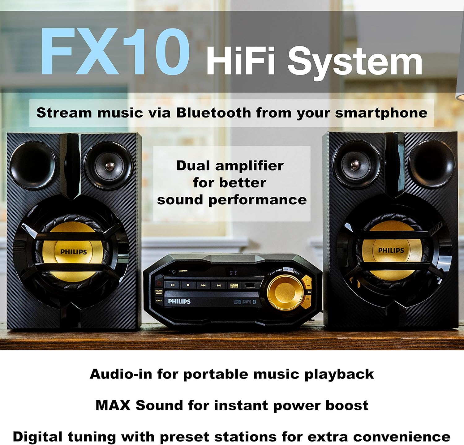PHILIPS FX10 Bluetooth Stereo System for Home with CD Player , MP3, USB, FM Radio, Bass Reflex Speaker, 230 W, Remote Control Included - Image 4
