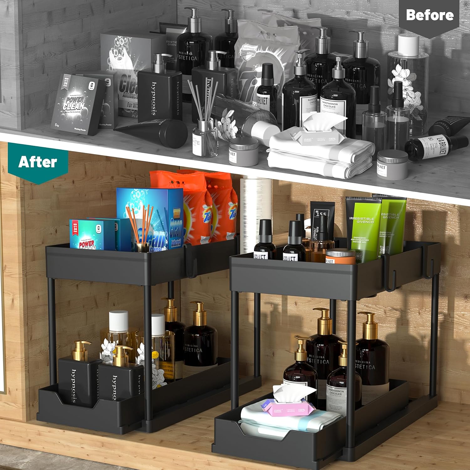 2 Pack Under Sink Organizer, 2 Tier Bathroom Cabinet Organizer with Sliding Basket, Multi-Purpose Under Sink Organizers and Storage for Bathroom Kitchen - Image 3