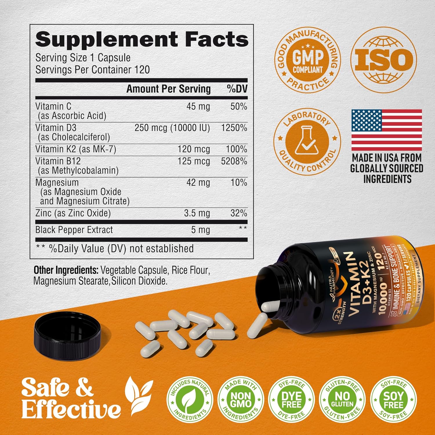 Vitamin D3 K2 - Vitamin D3 10000 iu & K2 as MK-7 120 mcg - Immune & Mood Support, for Bone & Teeth Health - with Magnesium, Zinc & Vitamin C & B12 - Highly Bioavailable - Made in USA, 120 Capsules - Image 8